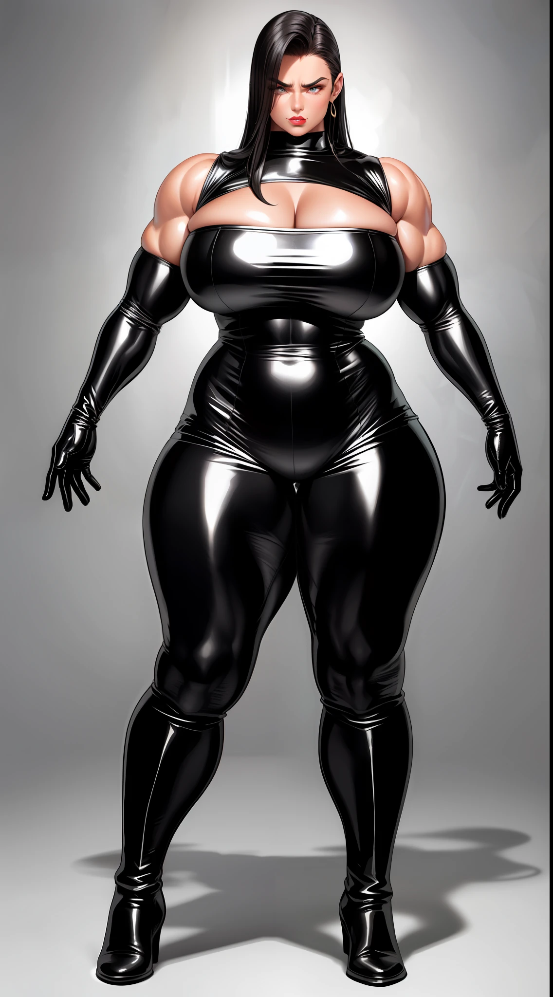 tmasterpiece,Burly woman,Exaggerated large muscles,Latex covers the whole body,Leather boots,latex glove, beautiful attractive face,sneering,Full body like, Single female,Very fair skin,Thin waist,Very broad shoulders, Strong and powerful arms,Stout arms,Strong and powerful leg muscles,thick calf,long leges,
