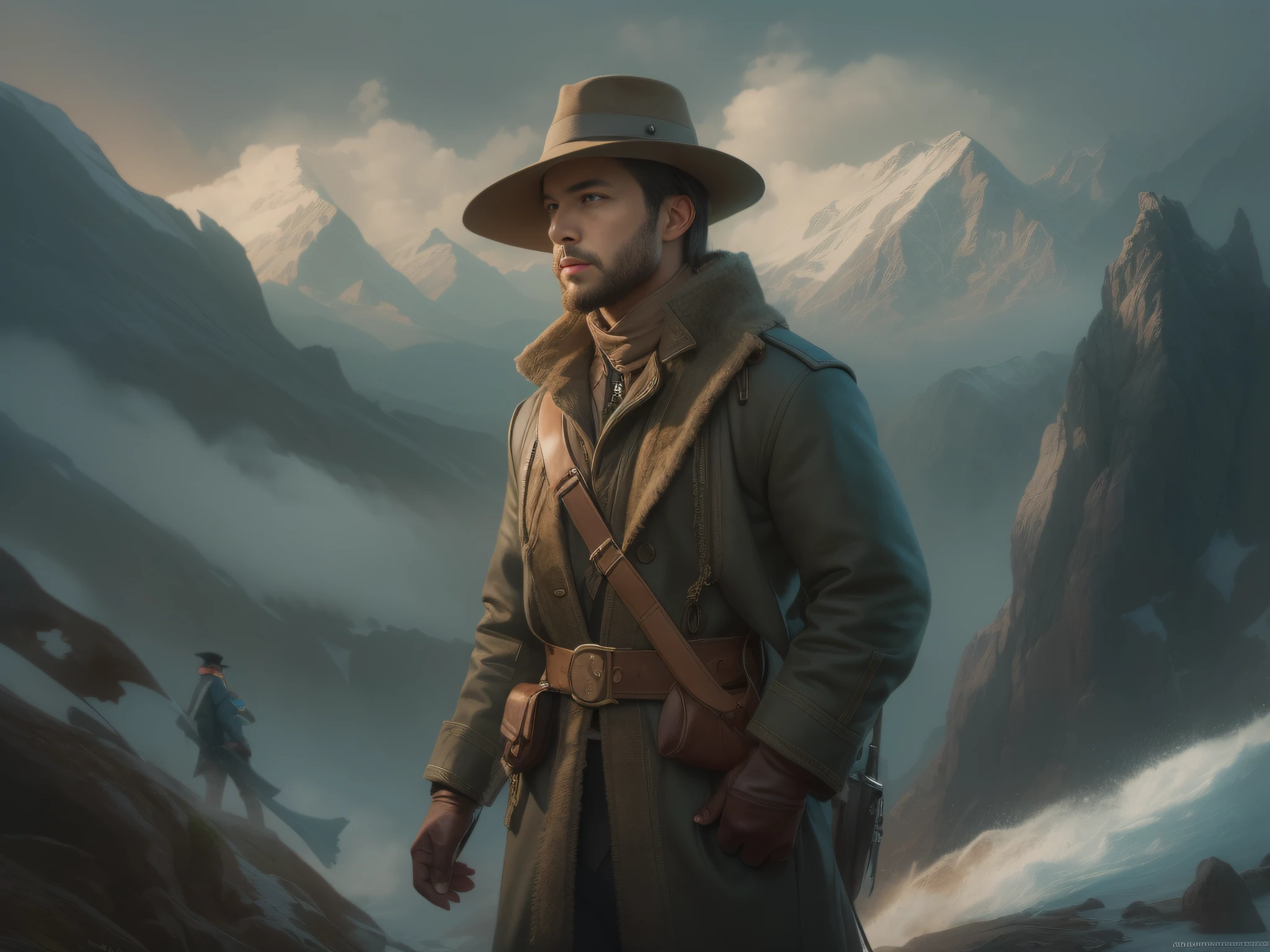 Man in a hat and coat standing on a mountain, Portrait of a male ranger, Gouweiz-style artwork, Portrait of an adventurer, Alexandra Fomin ArtStation, Fantasy concept art portrait, Character portrait, Detailed character portrait, Beautiful character painting, 4K detailed painting, Epic portrait illustration, RPG portrait concept art, CGsociety portrait