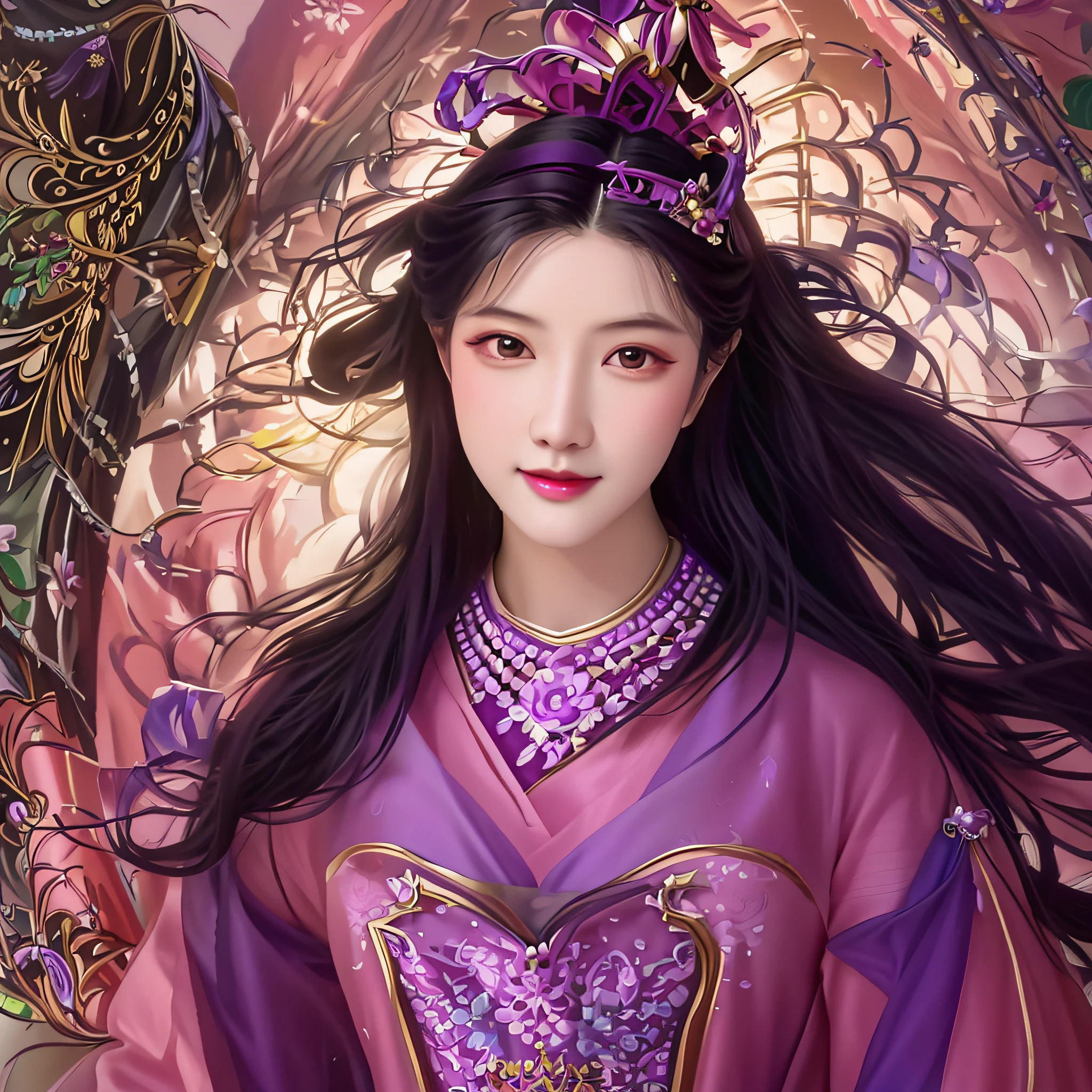 Close up portrait of long-haired woman in purple dress, a beautiful fantasy empress, ((a beautiful fantasy empress)), beautiful character painting, inspired by Qiu Ying, palatial palace ， a girl in hanfu, chinese princess, queen of the sea mu yanling, ancient chinese princess, inspired by Wu Li, chinese empress, inspired by Wu Bin