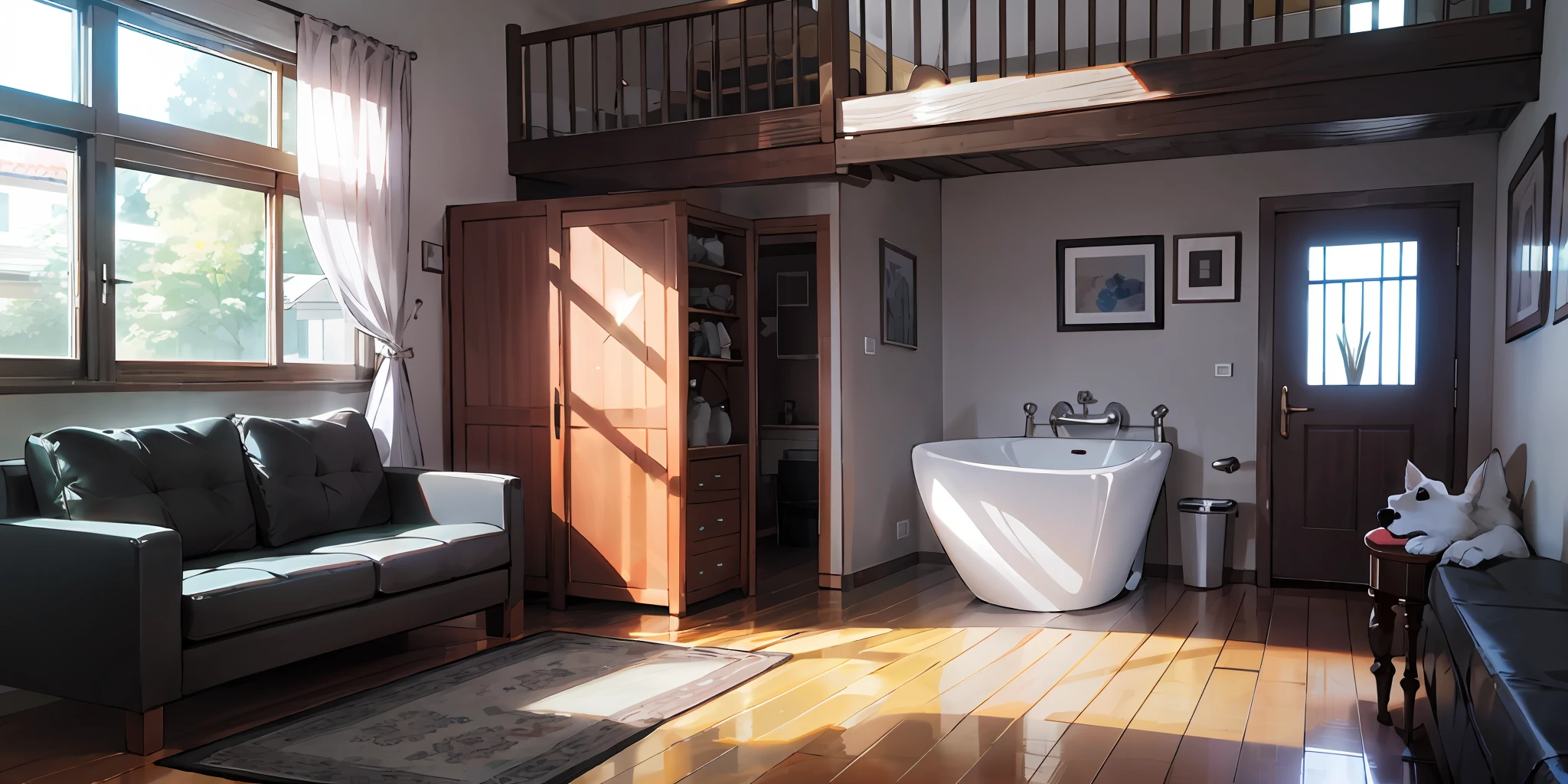Interior space,Bedrooms,rays of sunshine,Double layer height,There are lofts,Get on the bed and off the table,Cosy sofa,tvp,High clarity,4k,On the second floor is the bed,Oversized floor-to-ceiling windows,carpets,Samoyed pets,The bathroom is downstairs on the second floor,Toilet next door,Warm,cozily,rich colours