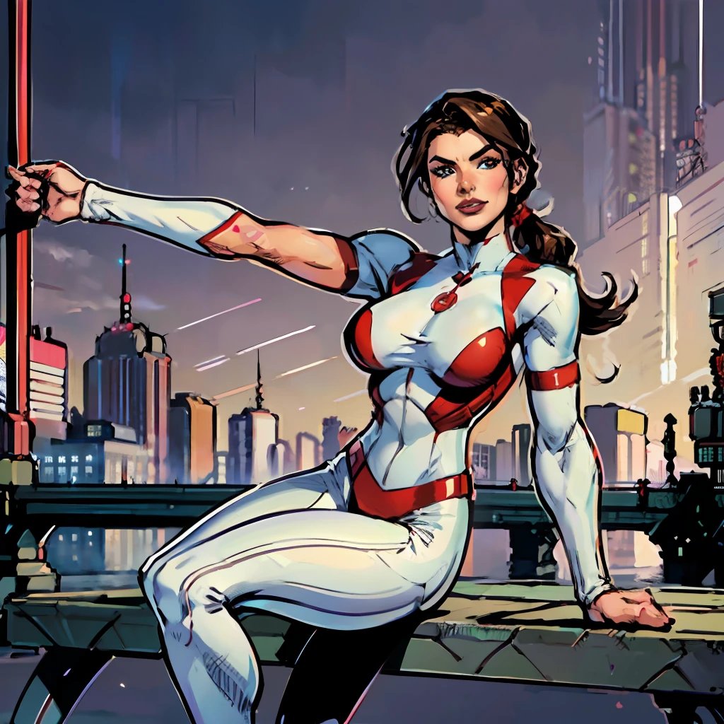 1girl, Stretcher the busty brunette comic book woman, masterpiece, beautiful, high quality, high definition, superb quality, highly detailed, super detailed, elongated arm, extended arm, stretched-out arm, reaching toward camera, depth, happy, smiling, (((100-meter-long rubber arm))), long hair, huge ponytail, slim, thin, athletic, womanly, rubbery, elastic woman, (white and red spandex, white and red legs, tight top), rubber body, brunette, ((huge breasts, slim waist)), city, heroic, cheerful, (bold nose, hawkish facial features),