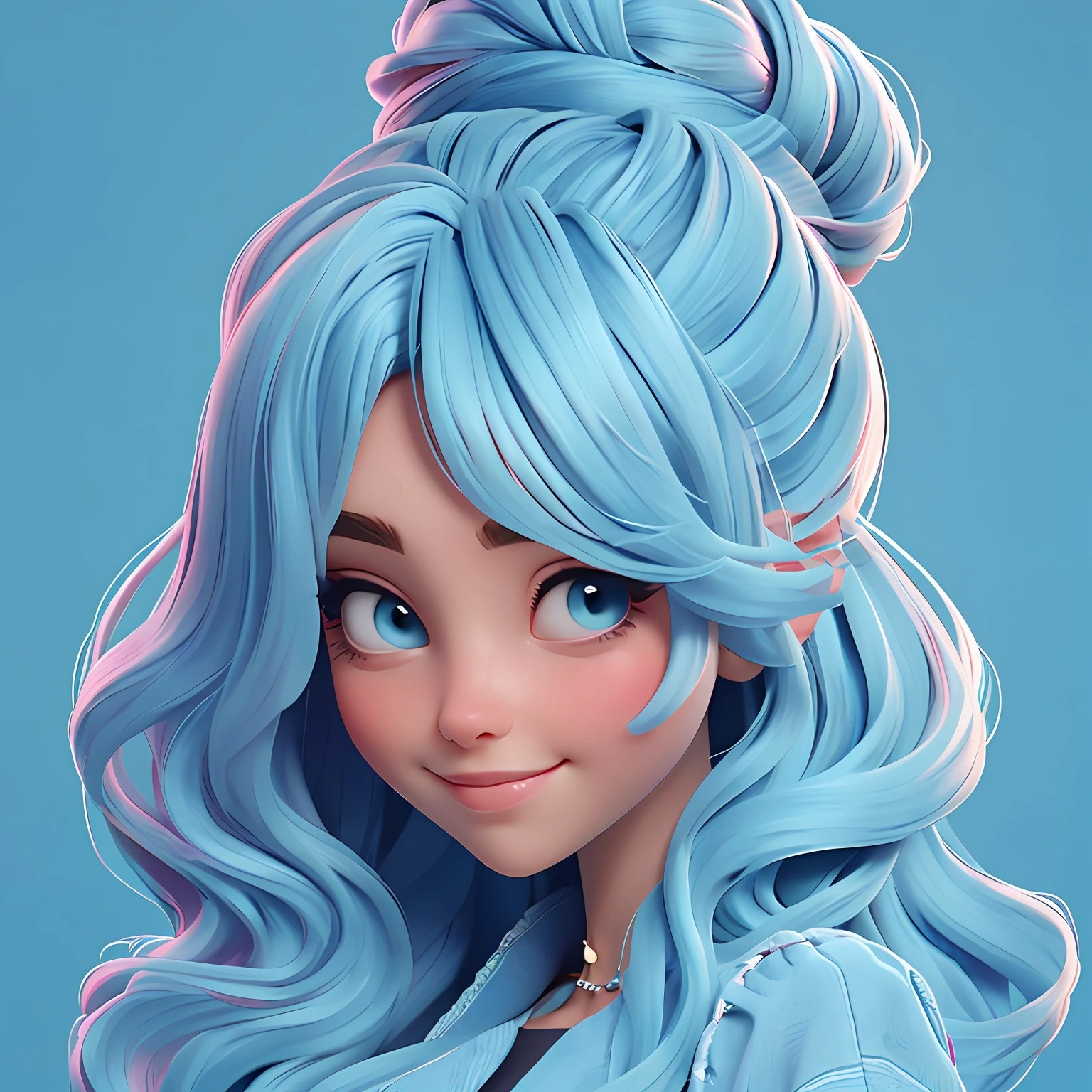 uma , Your hair is stuck in a messy bun, afro, mesclado, corpo inteiro, The background is filled with a pastel shade of light blue, evoking a sense of lightness and happiness.