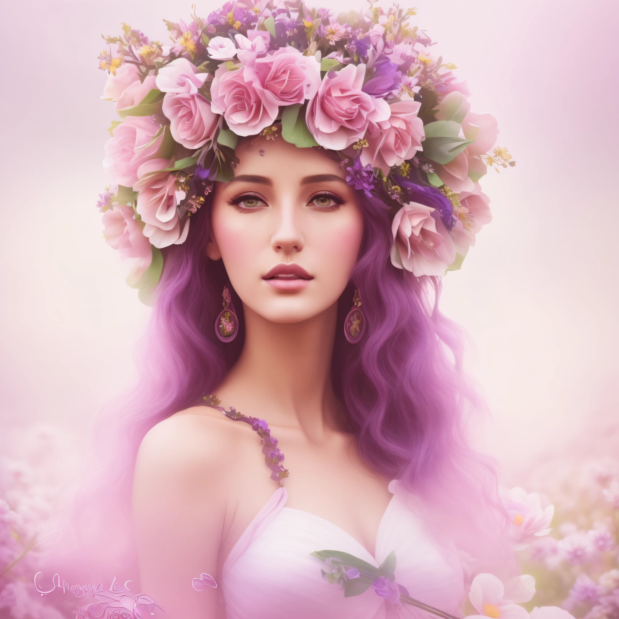 Alafed image of woman with flower crown in garden, flower goddess, goddess of spring, Made of flowers, Her face is a mauve flower, persephone in spring, beautiful fantasy portrait, beautiful fantasy art portrait, queen of flowers, Very beautiful digital art, Beautiful digital art, beautiful digital works of art, flower queen, She has a crown of flowers