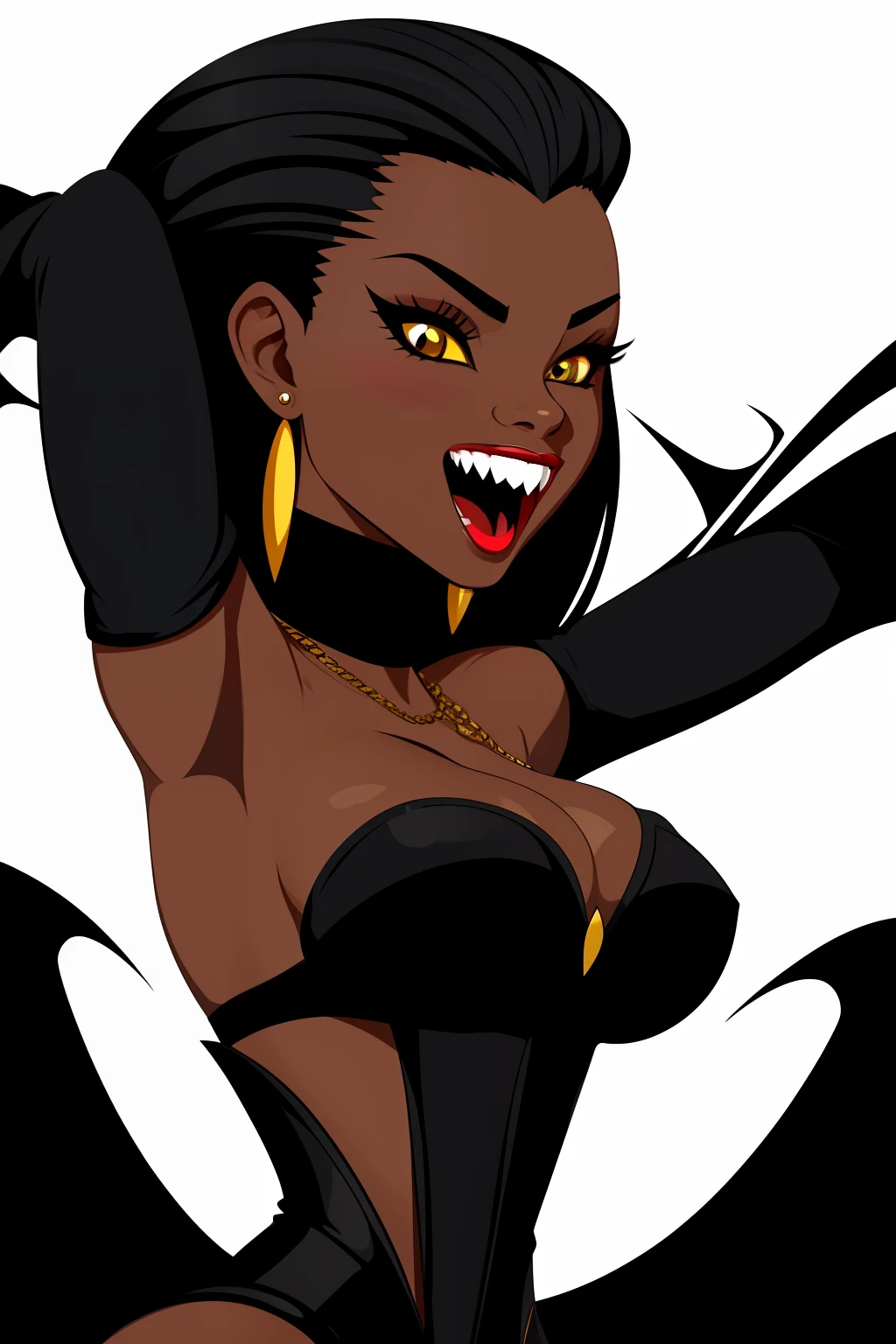 Create a cartoon vector illustration of a black female vampire with fangs, white background,