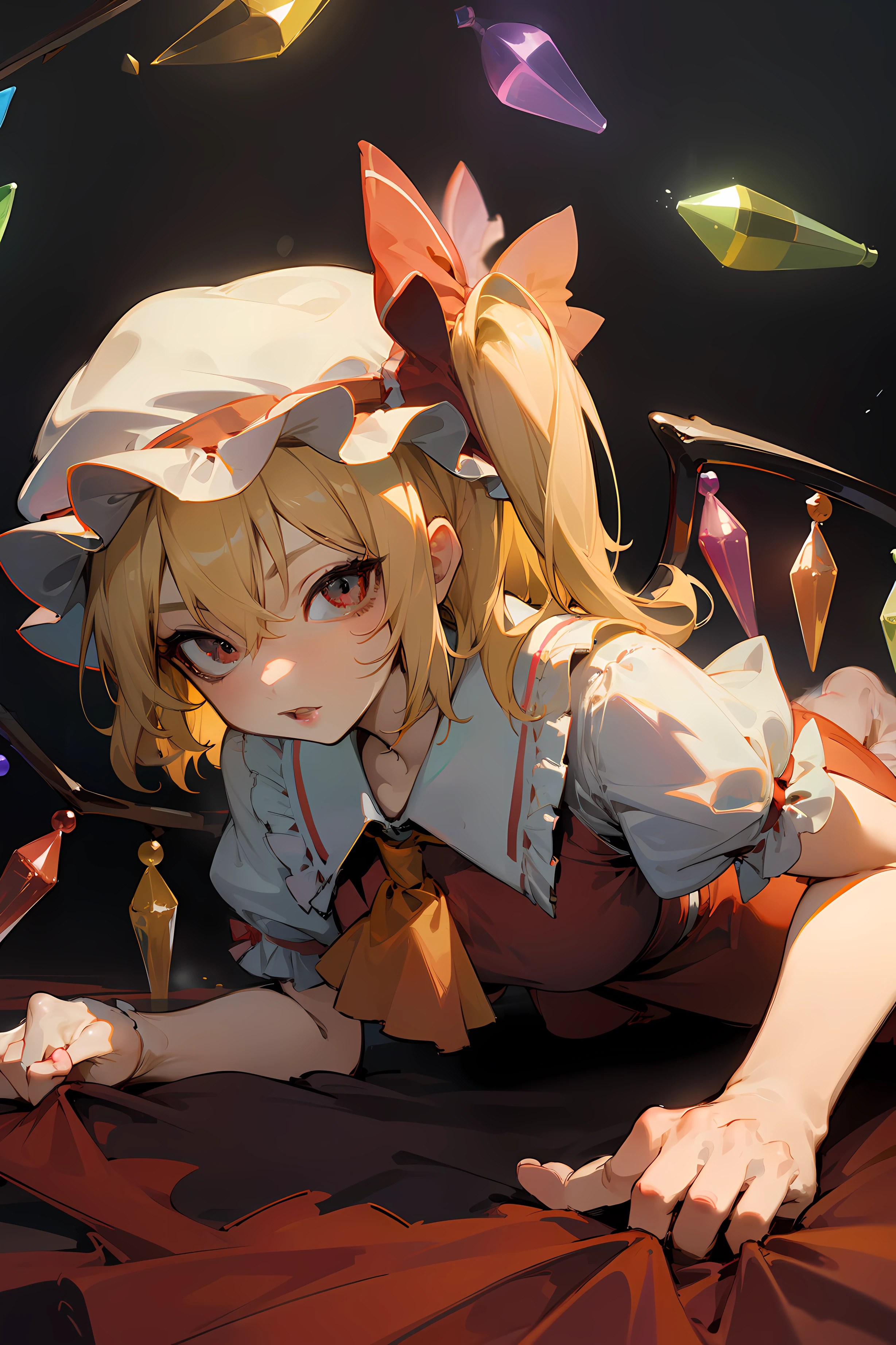 (masterpiece),best quality, expressive eyes, perfect face, 1girl,
big breast, H-cup, good breast, beautiful, gorgeous,anime,girl,lora,  flandre scarlet,
1girl,blonde hair,mob cap,hair bow,bowtie,side ponytail,wings,short sleeves,vest,ascot,on all fours