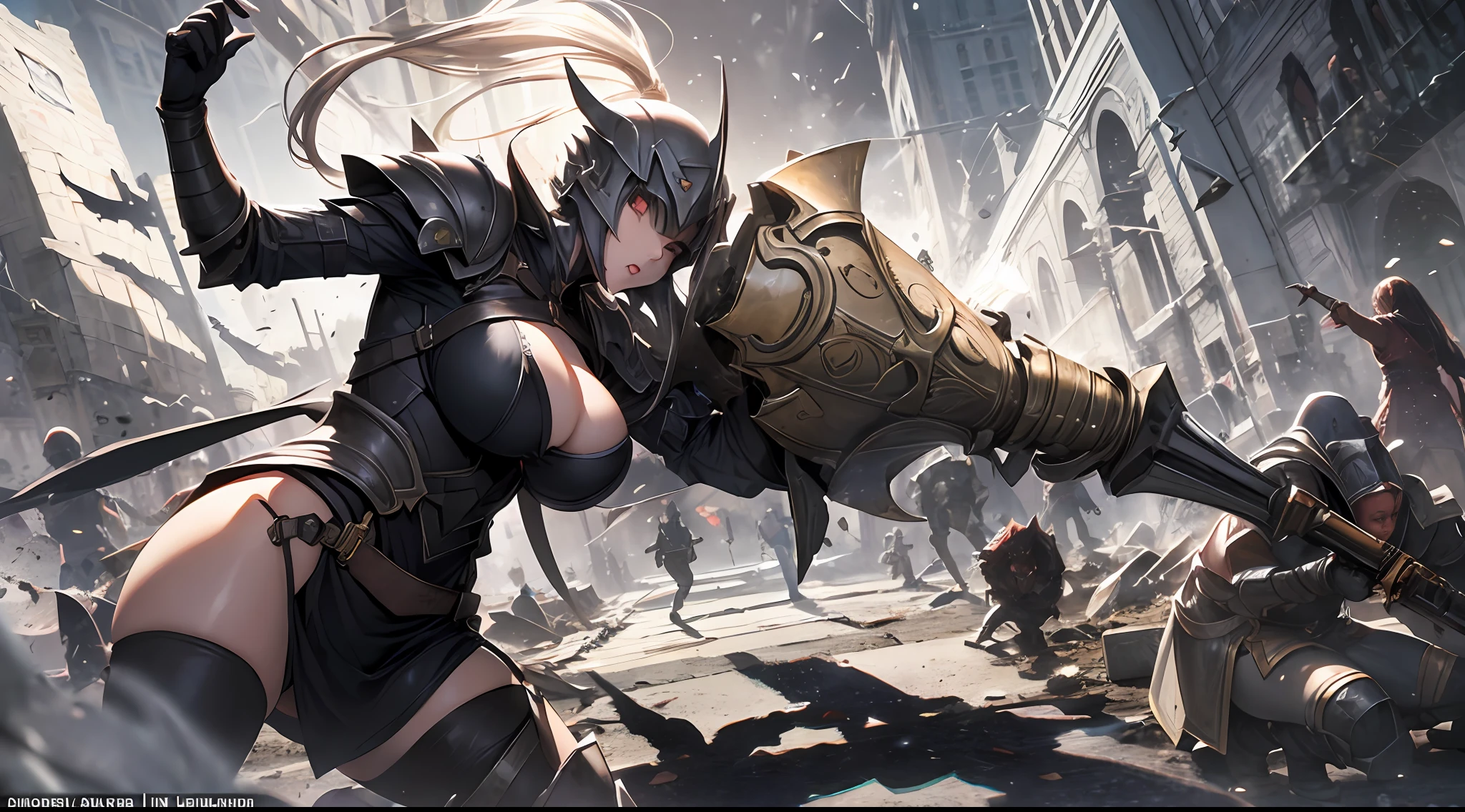 Insane, large breasts, armored female paladin, smiting enemy zombie, beautiful shadow and lighting effect