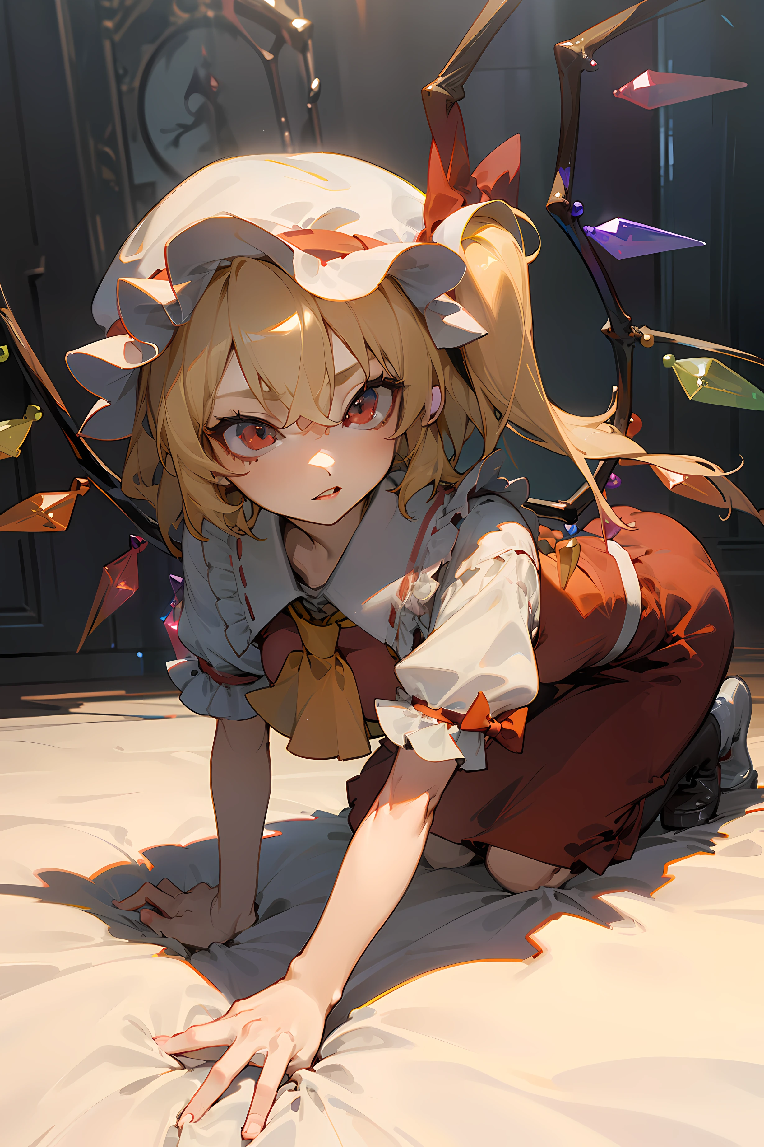 (masterpiece),best quality, expressive eyes, perfect face, 1girl,
big breast, H-cup, good breast, beautiful, gorgeous,anime,girl,lora,  flandre scarlet,
1girl,blonde hair,mob cap,hair bow,bowtie,side ponytail,wings,short sleeves,vest,ascot,on all fours