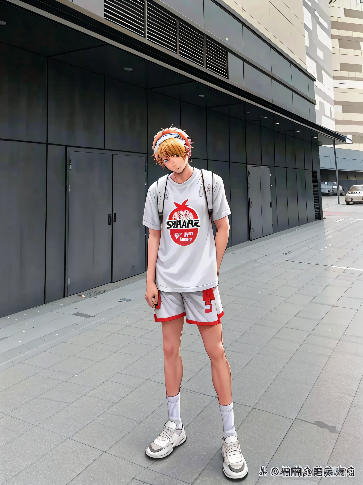 There was a man standing on the sidewalk with a backpack on his back, trending on r/Street attire, wearing basketball jersey, wearing NBA jersey, japanese streetwear, 🪔 🎨;🌞🌄, (Fire), Flames, wearing a volleyball jersey, wearing tumultus flames, dribble contest winner, in shorts and t-shirt, Sket - One x iamretro