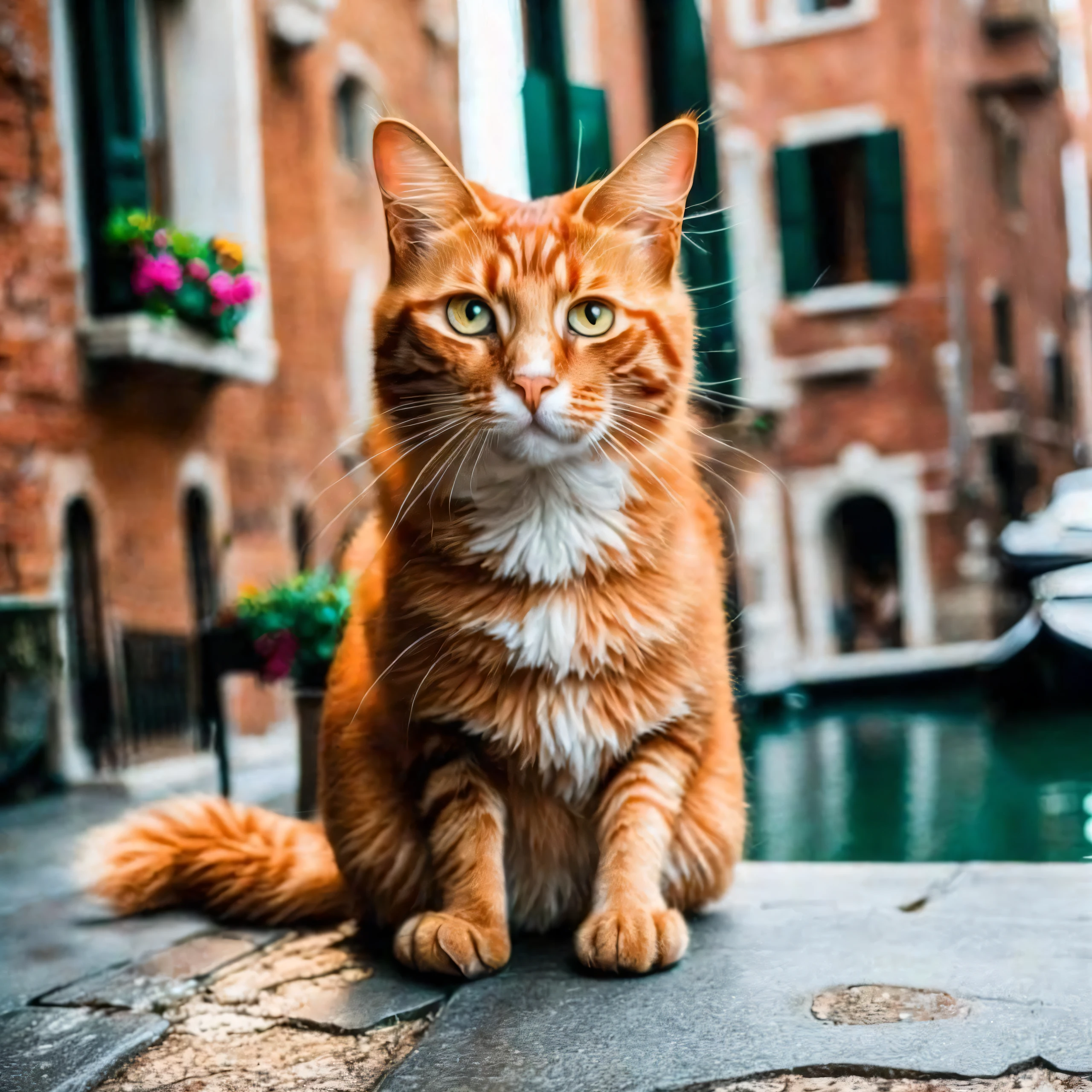 photo, medium-close establishing scene, GingerTomCat in Venice Italy