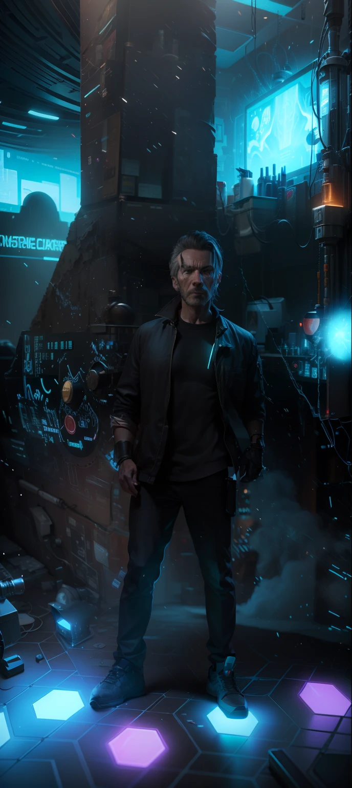 My original face and cinematic cyberpunk mage in his lab by Michael Bay, octane render, 4k, HDR, dynamic lighting