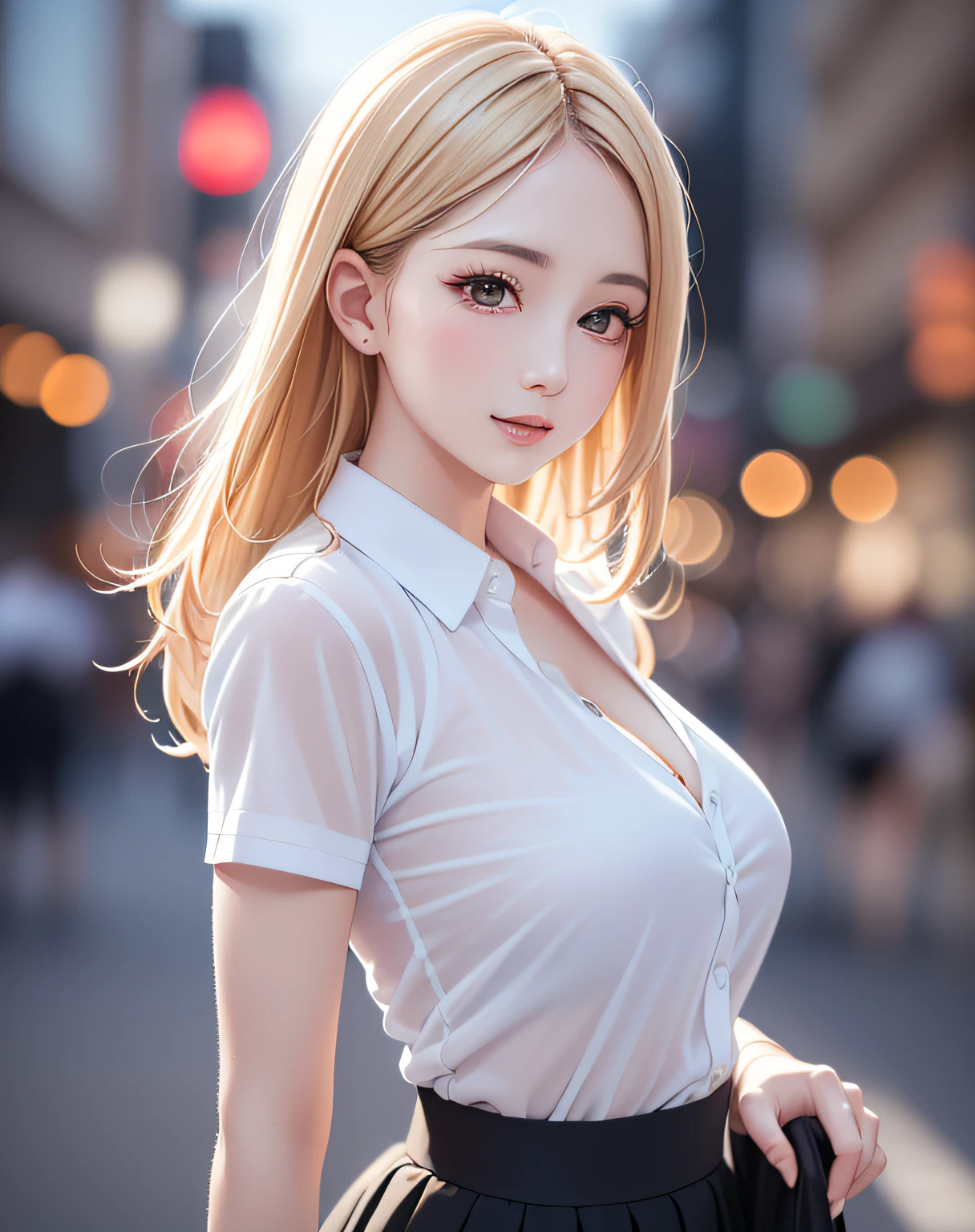 (event companion:1.5, midtown street background:1.5, standing on turn-table:1.5), photo realistic, anime style, (8k, RAW photo, best quality, masterpiece:1.2), High detail RAW color photo, professional photograph, cowboy shot, (realistic, photo realistic:1.37),cinematic light, (finery detailed face:1.2), cowboy shot, thigh 1 girl in bath, 28-38 years old, very cute, very beautiful, photo realistic, event companion, BREAK, white oily skin, real human skin, (detailed face), oval face, pores, round eyes:1.0, ultra high res, BREAK, slim, (medium-large-breast:1.37, cleavage:1.17), (looking straight at viewer with a serene and goddess-like happiness:1.2), (lifter gloss, eyelashes, gloss-face, best quality, ultra highres, Broad lighting, natural shading), (beautiful thin blonde hair), BREAK, (event companion uniform:1.3, white collared shirt;1.3, black high-waist pencil-long-skirt:1.3), BREAK, ((show case:1.5, standing in the street1.5)), ((from below:1.3, show girl posing1.5)), blurry background, bokeh, depth of field, cowboy shot:1.3, centered image,