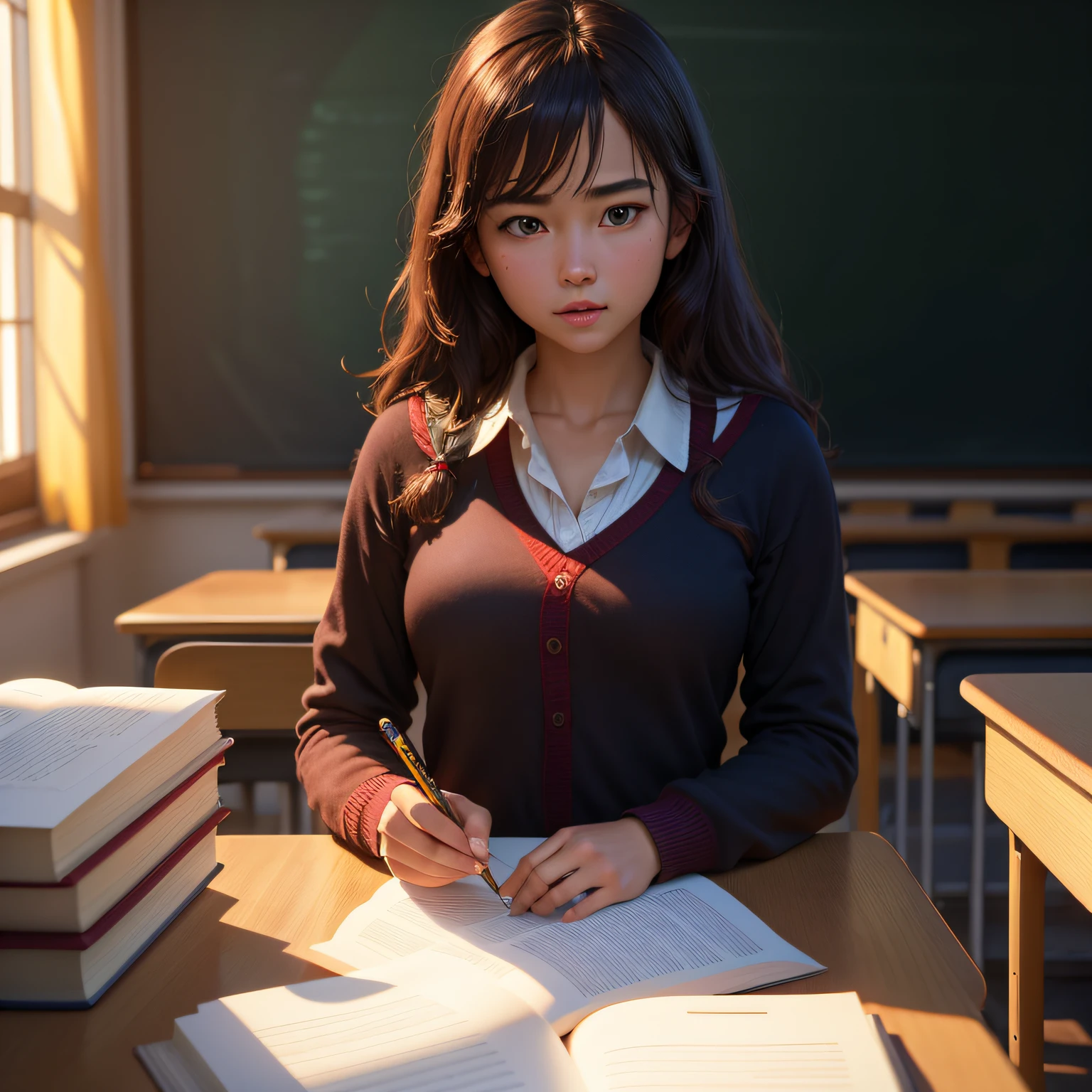 deliberate, masterpiece, best quality, highest quality, cinematic lighting, very beautiful, ultra realistic, 8k, super detail,classroom, multiple students,teacher,books,homework,grades,upper body