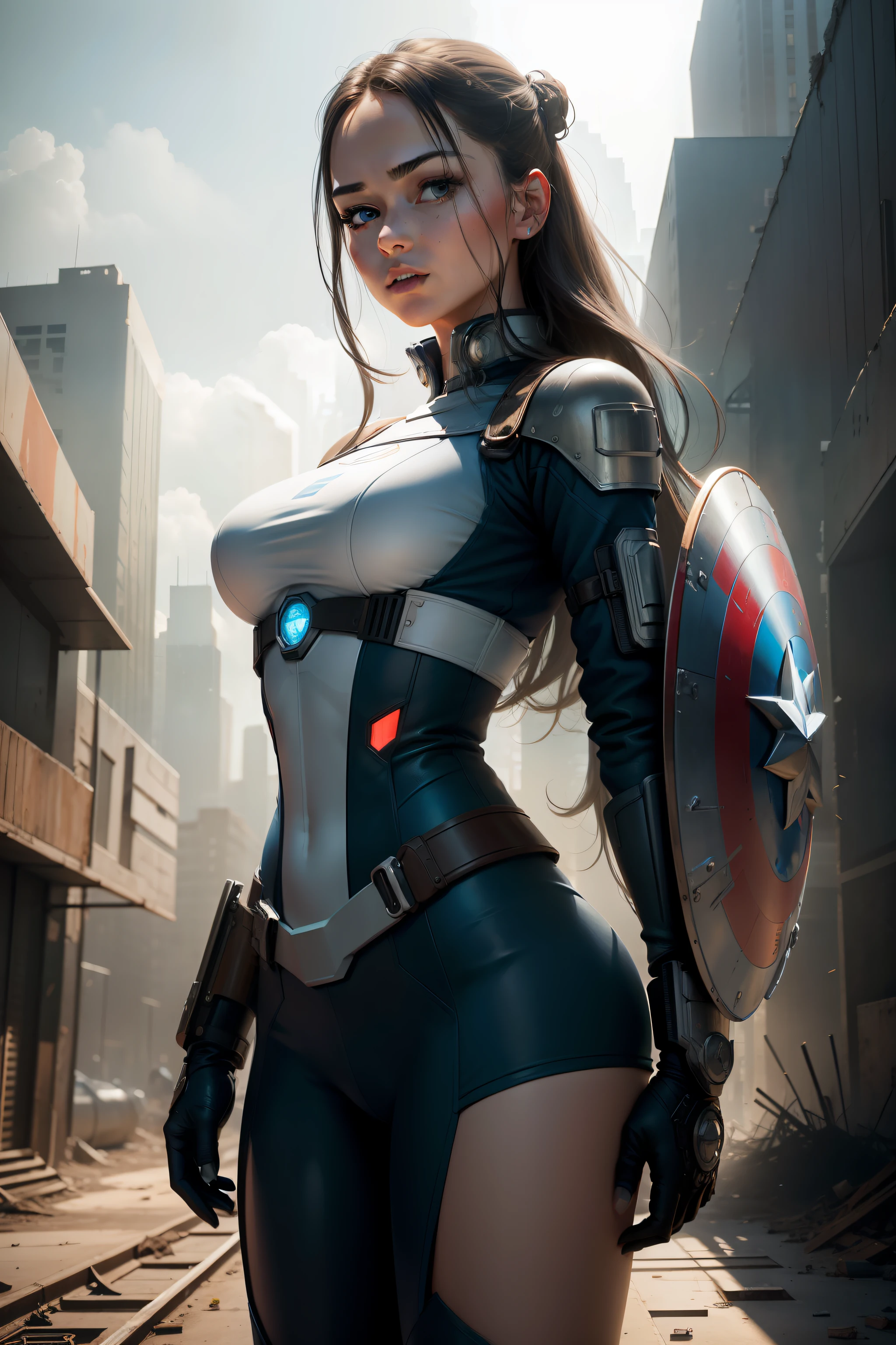 (1girl:1.3), solo, __body-parts__, official art, unified 8k wallpaper, super detailed, beautiful and aesthetic, beautiful, masterpiece, best quality, raw, masterpiece, super fine photo, best quality, super high resolution, photorealistic realism, sunlight, full-body portrait, amazing beauty, dynamic pose, delicate face, vibrant eyes, (from the front), she wears a futuristic Captain America jersey, blue color scheme, (holding a shield), A capital A on chest, very detailed abandoned warehouse background, detailed face, detailed complex busy background, messy, gorgeous, milky white, highly detailed skin, realistic skin details, visible pores, sharp focus, volumetric fog, 8k uhd, DSLR camera, high quality, film grain, fair skin, photo realism, lomography, huge metropolis in future dystopia, seen from below, translucent
