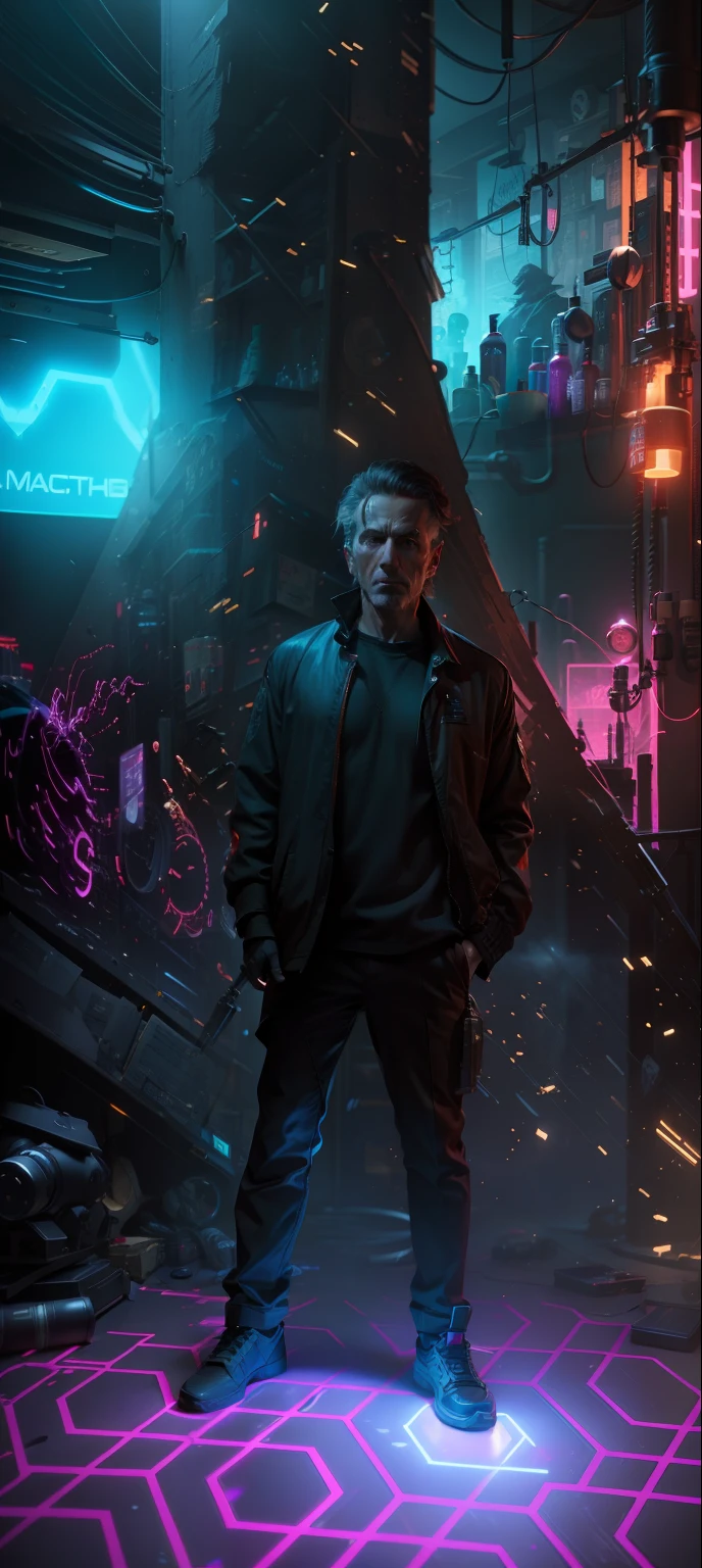 My original face and cinematic cyberpunk mage in his lab by Michael Bay, octane render, 4k, HDR, dynamic lighting