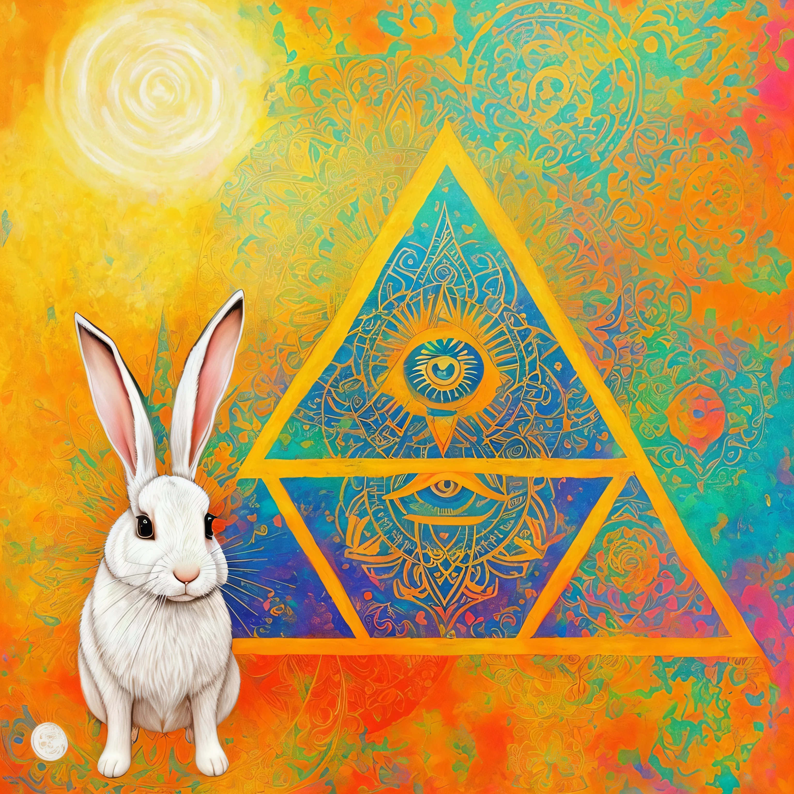 Painting of a rabbit sitting in front of a triangle with an eye of Horus, Sociedade secreta, Threyda, Trippy!!! symbolic, 🐋 as 🐘 as 🤖 as 👽 as 🐳, ancient symbol behind it, inspirado em Keos Masons, ( todos vendo olho ), illuminati symbol, Portal da EKA, Cabala Illuminati Secreta, Design de tatuagem LSD