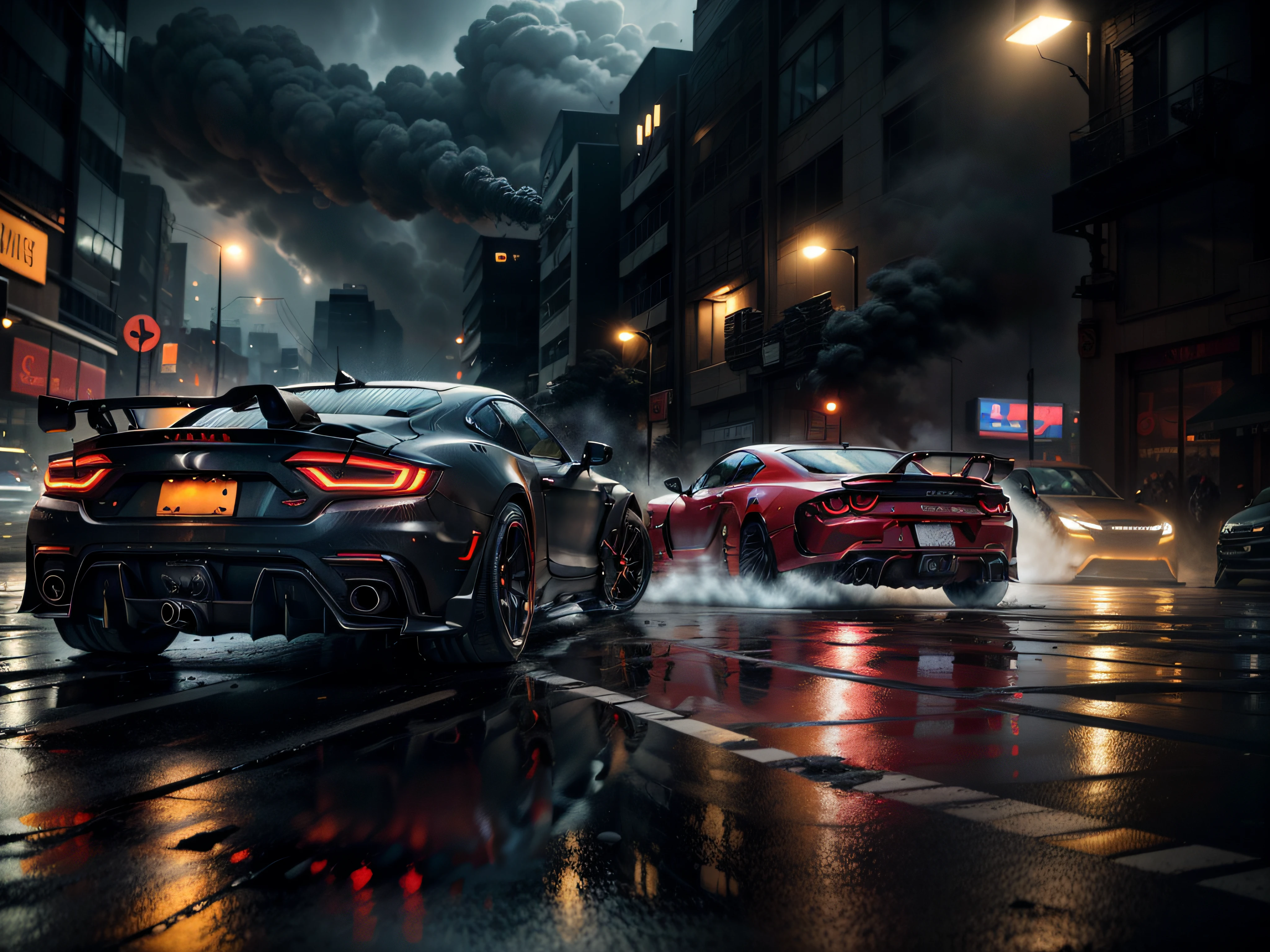 Tire smoke enveloping the scene, (dense black smoke:1.2)
Dynamic drone shot, capturing the thrilling drift maneuvers
Futuristic cityscape as the backdrop, (dazzling lights:1.1)
Impeccable attention to detail, from car designs to street textures
Synchronized drifting formation, showcasing precision and skill
High-speed motion blur, emphasizing the intensity of the drifts
Atmospheric effects, (subtle rain:1.1), adding drama and texture
Immersive environment, (realistic reflections:1.2), on wet asphalt
Epic soundtrack, enhancing the overall experience, (pumping beats:1.1)