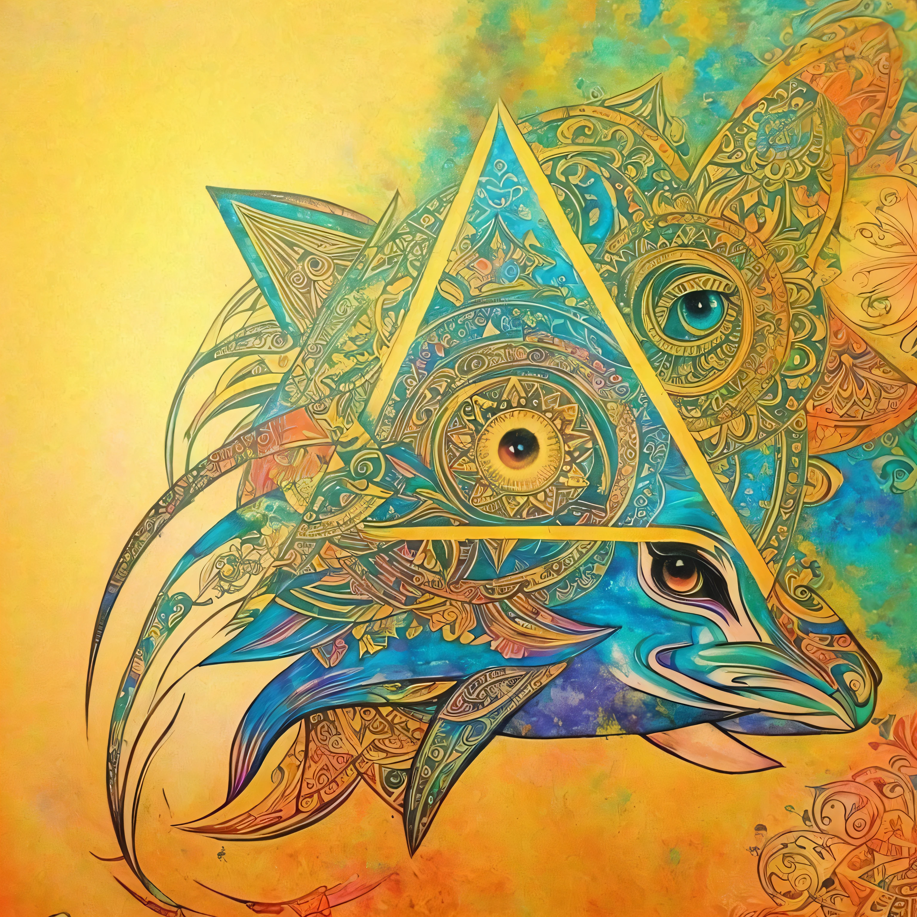 Painting of a rabbit sitting in front of a triangle with an eye of Horus, Sociedade secreta, Threyda, Trippy!!! symbolic, 🐋 as 🐘 as 🤖 as 👽 as 🐳, ancient symbol behind it, inspirado em Keos Masons, ( todos vendo olho ), illuminati symbol, Portal da EKA, Cabala Illuminati Secreta, Design de tatuagem LSD