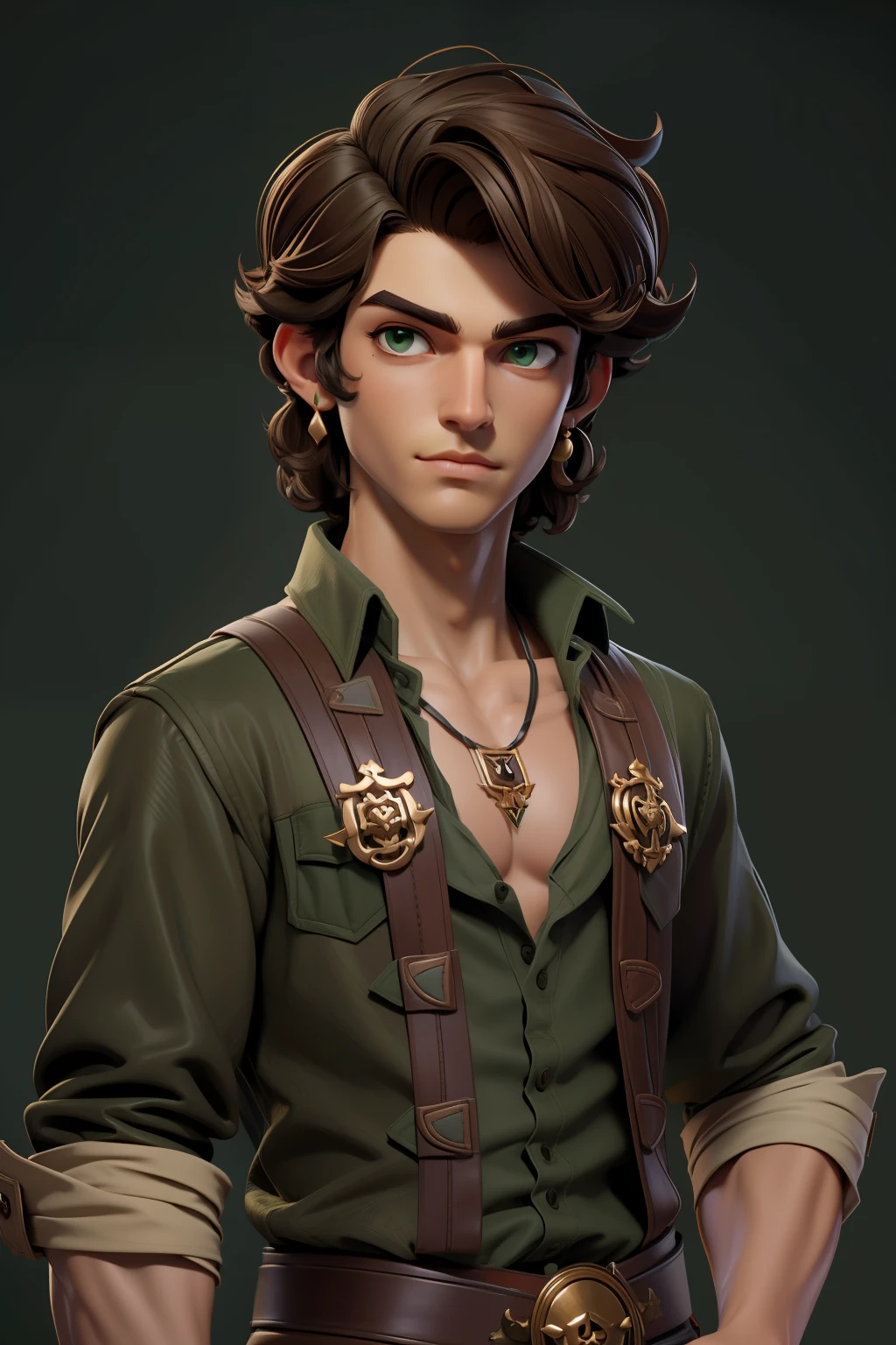 masterpiece, best quality, 1boy, green eyes, dark skin, brown hair, wavy hair, short hair, earrings, jewelry, pirate, long shirt, simple background, solo, upper body