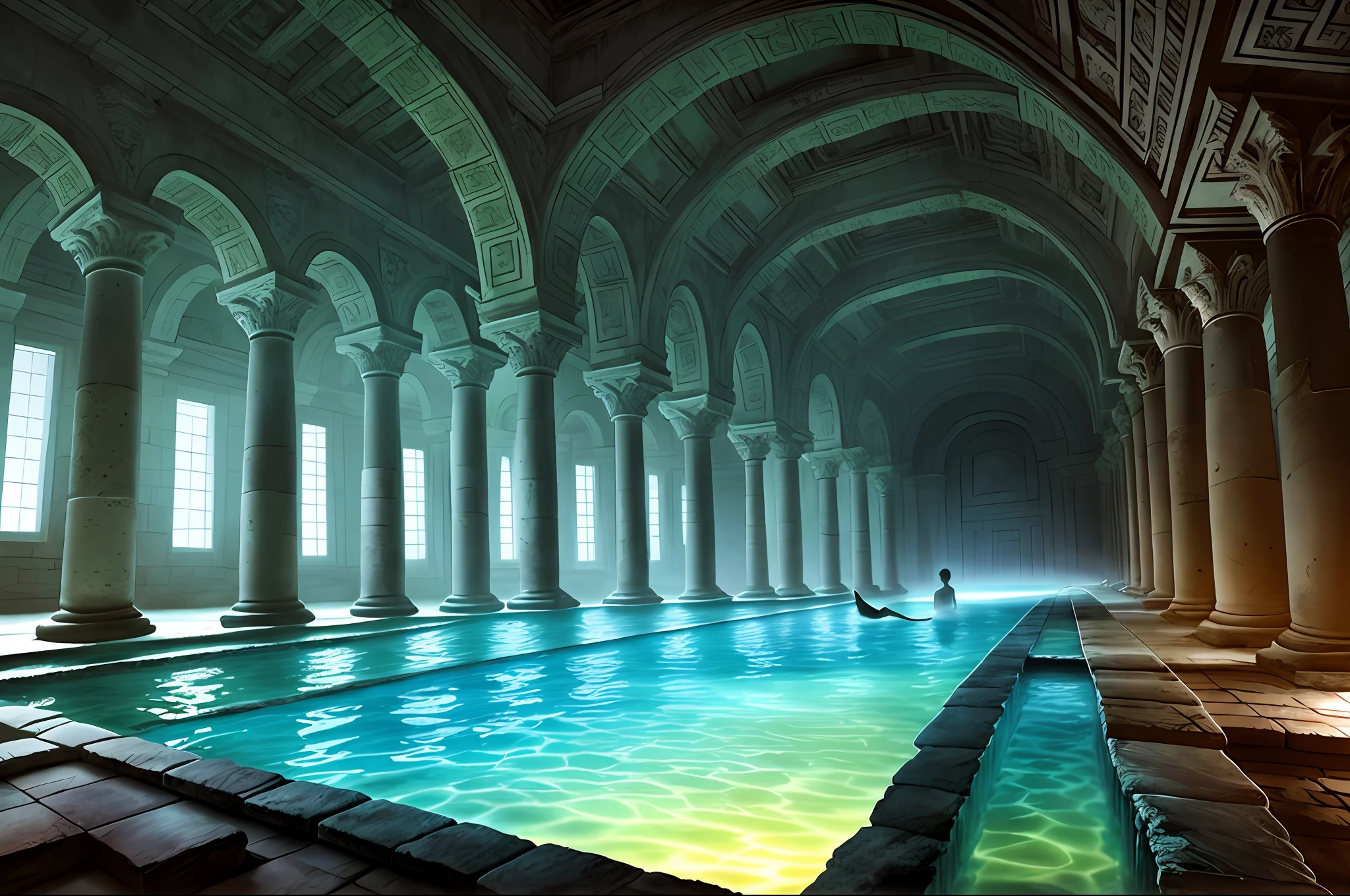 At night, Dark, during night, interiors, intricately details, Ancient temple, (ruin), A handsome man swims in a large pool of rainbow colors, Dusty, deserted, Ancient, Crumbling pillars, inadequate light, Dynamic lighting, Dark