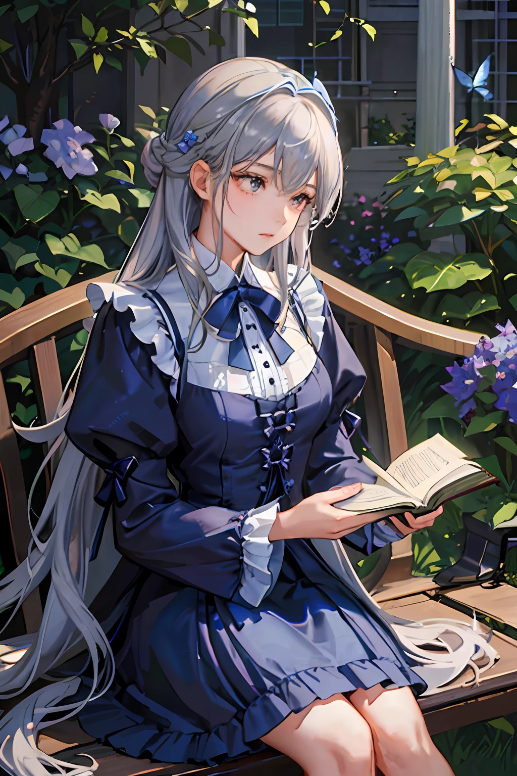 An elegant young woman sits on a wrought iron bench in the middle of a lush garden，Flying blue butterflies。Ladies should have flowing gray hair，Loose curls hung lightly on her back。When she sat on the bench，She should be wearing a flowing blue ****ta dress，Delicate lace trim，The woman's left hand should hold a book with a gilded leather surface，Seems to be reading。Her right hand should rest gently on a nice little table next to the bench。There should be a bottle of bluecut flowers on the table，A woman should have a calm expression on her face，She seemed to have completely calmed down。Enjoy the surrounding natural beauty。The overall image should convey a sense of serenity and contentment