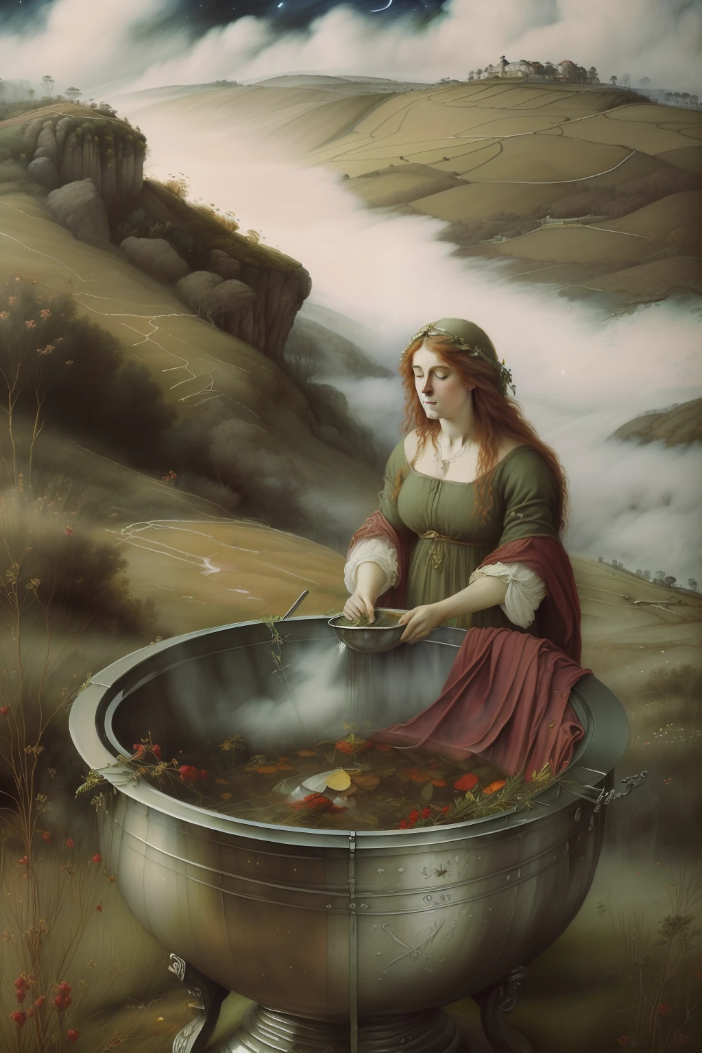 cabelos branco, mulher velha. (((Pre-Raphaelite painting of a "velha bruxa corcunda e enrugada", vestida de vermelho, boils herbs in the cauldron, There are clouds in the night sky, Hawthorn and mist in the background)))
