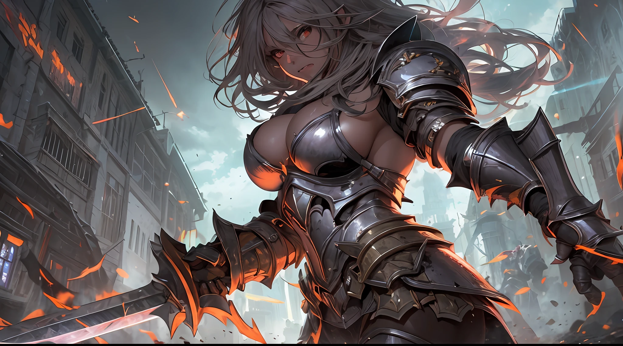 Insane, large breasts, armored female paladin, smiting enemy zombie, beautiful shadow and lighting effect