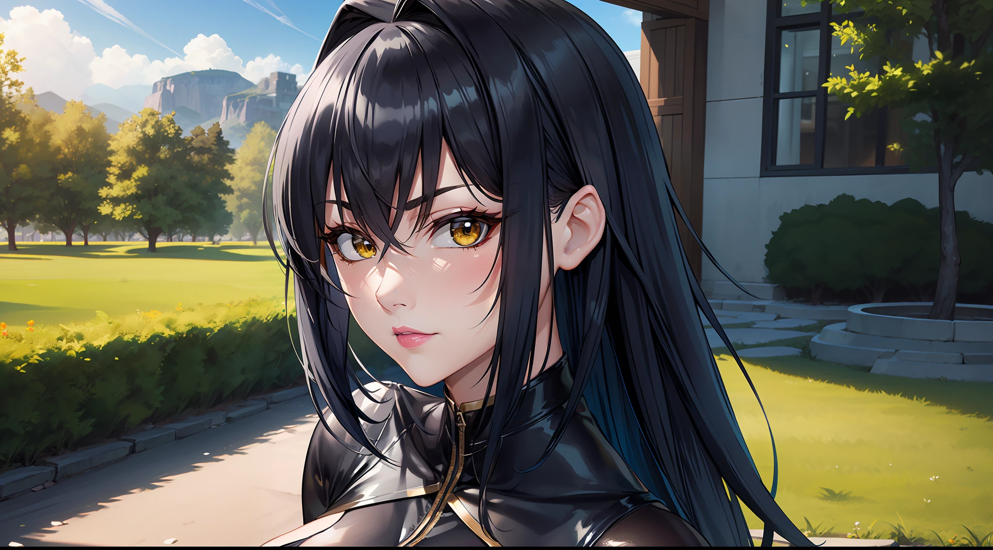 professional artwork, Intricate Details, field of view, sharp focus, detailed painting, photorealistic lighting, trending on pixiv, Standing at attention, black outfit ,yellow collared shirt,black and red bodysuit,skin_tight,black legwear, black pantyhose, Side_boob, black hair,very long hair, Bangs,yellow eyes,makeup, lipstick, 20yo,mature female,Beautiful Finger,Beautiful long legs,Beautiful body,Beautiful Nose,Beautiful character design, perfect eyes, perfect face, looking at viewer,official art,extremely detailed CG unreal engine 8k wallpaper, perfect lighting,Colorful, Bright_Front_face_Lighting, (masterpiece:1.0),(best_quality:1.0), ultra high res,4K,ultra-detailed, photography, 8K, HDR, highres, absurdres:1.2, Kodak portra 400, film grain, blurry background, (Beautiful,large_Breasts:1.4), (beautiful_face:1.5),(narrow_waist), (solo:1.4), ((landscape dimension)), rich detailed makeup, rich detailed eyeshadow, rich detailed lips, rich detailed lipstick, eyes lens, beautiful eyes lens, ultra detailed eyes, (solo:1.4)