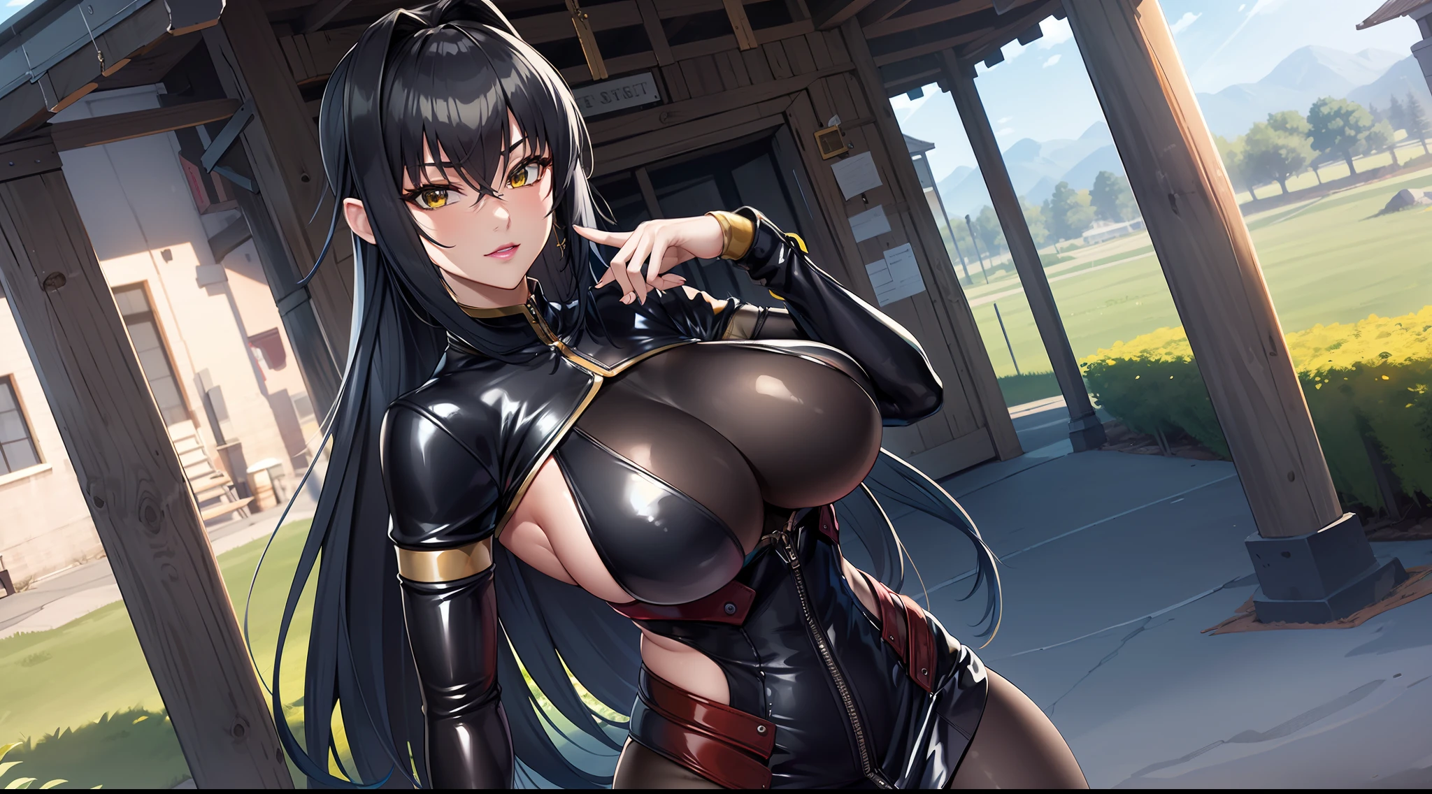 professional artwork, Intricate Details, field of view, sharp focus, detailed painting, photorealistic lighting, trending on pixiv, Standing at attention, black outfit ,yellow collared shirt,black and red bodysuit,skin_tight,black legwear, black pantyhose, Side_boob, black hair,very long hair, Bangs,yellow eyes,makeup, lipstick, 20yo,mature female,Beautiful Finger,Beautiful long legs,Beautiful body,Beautiful Nose,Beautiful character design, perfect eyes, perfect face, looking at viewer,official art,extremely detailed CG unreal engine 8k wallpaper, perfect lighting,Colorful, Bright_Front_face_Lighting, (masterpiece:1.0),(best_quality:1.0), ultra high res,4K,ultra-detailed, photography, 8K, HDR, highres, absurdres:1.2, Kodak portra 400, film grain, blurry background, (Beautiful,large_Breasts:1.4), (beautiful_face:1.5),(narrow_waist), (solo:1.4), ((landscape dimension)), rich detailed makeup, rich detailed eyeshadow, rich detailed lips, rich detailed lipstick, eyes lens, beautiful eyes lens, ultra detailed eyes, (solo:1.4)