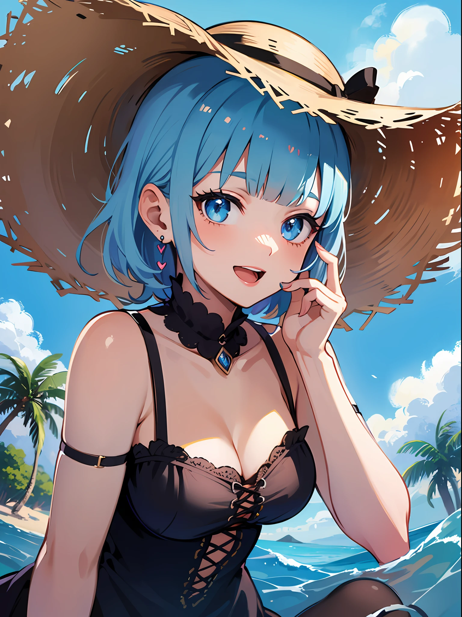 (masterpiece:1.3), (best quality:1.3), high resolution,
couboy shot,
leaning forward, sitting, body facing forward,
(one cute girl:1.3), solo,
white skin, small Breast, eight-headed person,
light blue hair, (bobbed hair:1.2), (short hair:1.1), (blunt bangs:1.2), beautiful hair, blue eyes, beautiful detailed eyes,
open mouth, heart, cheerful smile,
one piece dress, straw hat, earrings,
outdoors, ocean,
shadowlighting,