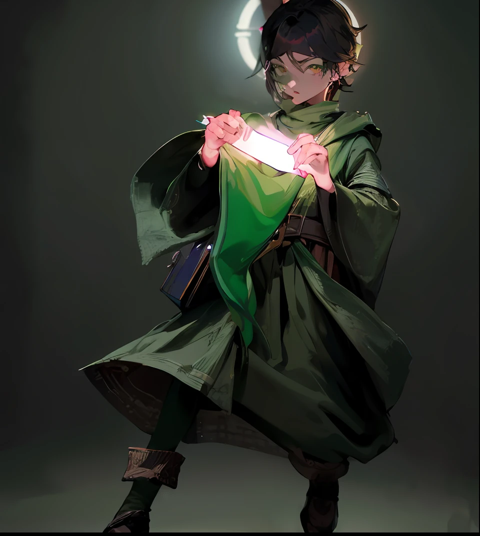 um jovem em um casaco verde segurando um chapeu verde, com um manto verde, vestindo capa verde, vestindo um manto verde, Capa Verde, Retrato de um jovem mago jovem bruxo, jovem mago meio elfo, capa verde escura, Maya Ali como um D&d feiticeiro, an arcane wizard casting a spell, um jovem bruxo