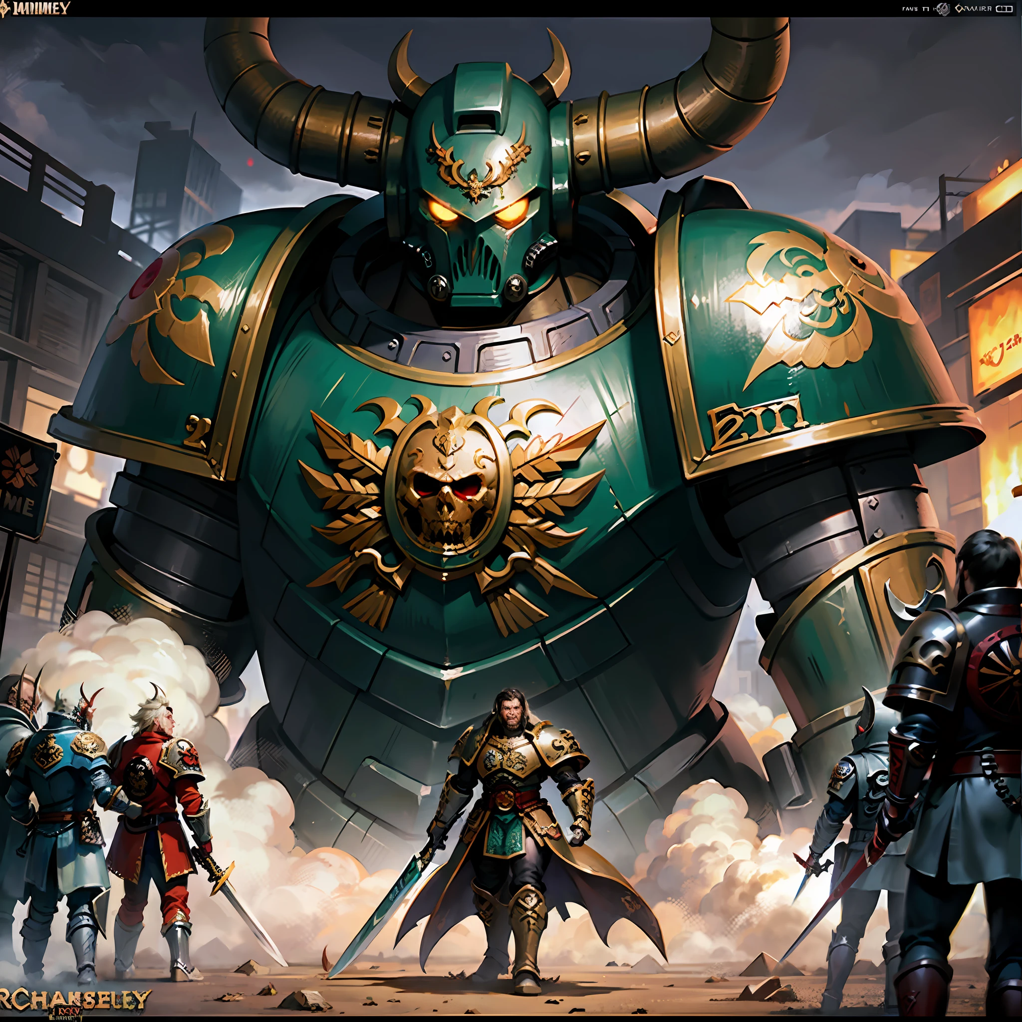 Draw a man in armor,There is a large horned head and a large sword, Nurger, adrian smith fantasy art, warhammer art, Adrian Smith concept art, warhammer style, chaos marine, Warhammer fantasy art, okeh, warhammer chaos, Inspired by Simon Beasley, Horne, Simon Beasley style, portrait of an orc, Warhammer Sigma Century fantasy,Warhammer,Chaos Samurai,Nurgle Warhammer Fantasy Green Armor,Rotten mixed,