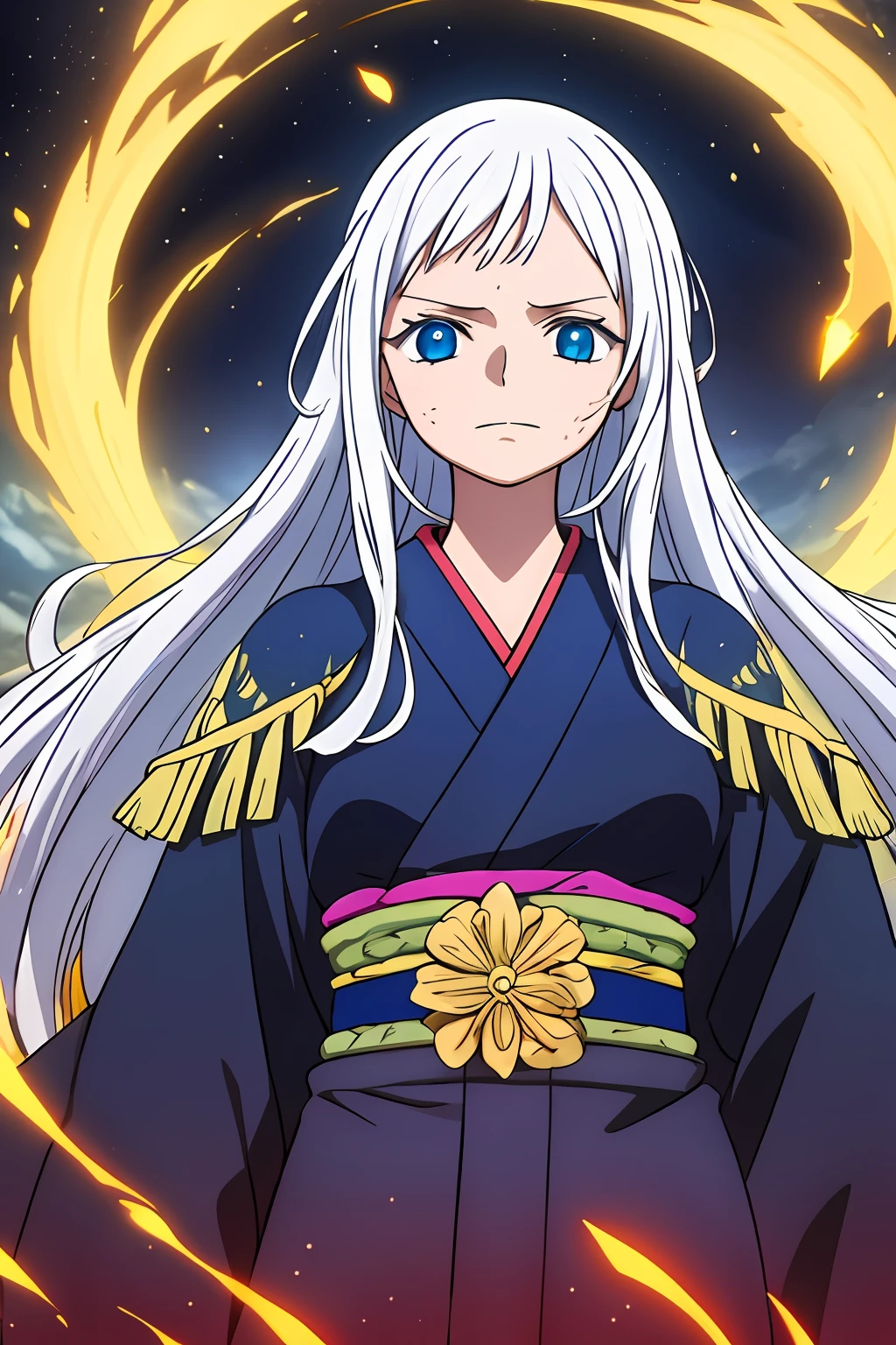 (Masterpiece, illustration, Anime:1.3), Satoru Gojo de Jujutsu Kaisen, (Tenue noire classique:1.2), Standing inside a temple at night, (messy white hair:1.1), (blue eyes emitting blue light:1.2), (expression calme:1.1), (uncovered eyes:1.1), (Powerful presence:1.2), (Mystical atmosphere:1.2), (Clair de lune subtil:1.1), (Architecture complexe du temple:1.2), (ominous shadows:1.1), (Robes fluides:1.1), (Detailed folds and folds:1.1), (aura bleue intense:1.2), (symbols of the power that surrounds it:1.1), (radiant magical energy:1.2), (Gestes de lancer de sorts:1.1), (Mysterious artifacts:1.1), (Ethereal particles:1.1), (pose dynamique:1.2), (Epic soundtrack:1.2), (Sense of wonder:1.1), (Prouesses magiques:1.1). This prompt is an Anime illustration featuring Satoru Gojo from Jujutsu Kaisen. Gojo wears his classic black outfit inside a temple at night. Her white hair is messy, and its blue eyes emit a radiant blue light. The illustration captures Gojo's calm expression, Powerful presence, and the mystical atmosphere of the scene. The complex architecture of the temple, Clair de lune subtil, and ominous shadows add to the overall mood.. The guest highlights Gojo's intense blue aura, Gestes de lancer de sorts, et le sentiment de crainte entourant ses prouesses magiques. The work aims to highlight Satoru Gojo's captivating nature as a radiant wizard..