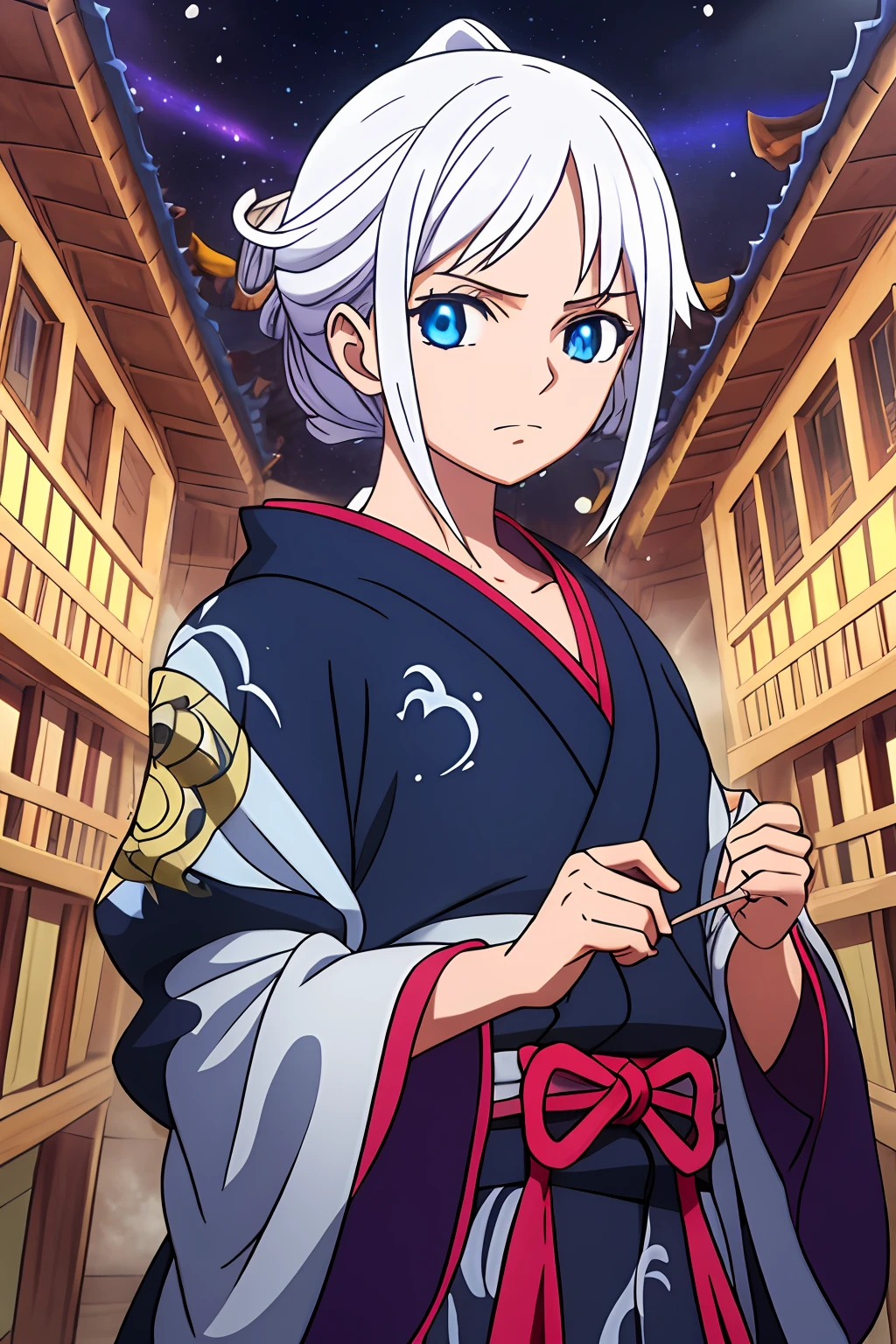 (Masterpiece, illustration, Anime:1.3), Satoru Gojo de Jujutsu Kaisen, (Tenue noire classique:1.2), Standing inside a temple at night, (messy white hair:1.1), (blue eyes emitting blue light:1.2), (expression calme:1.1), (uncovered eyes:1.1), (Powerful presence:1.2), (Mystical atmosphere:1.2), (Clair de lune subtil:1.1), (Architecture complexe du temple:1.2), (ominous shadows:1.1), (Robes fluides:1.1), (Detailed folds and folds:1.1), (aura bleue intense:1.2), (symbols of the power that surrounds it:1.1), (radiant magical energy:1.2), (Gestes de lancer de sorts:1.1), (Mysterious artifacts:1.1), (Ethereal particles:1.1), (pose dynamique:1.2), (Epic soundtrack:1.2), (Sense of wonder:1.1), (Prouesses magiques:1.1). This prompt is an Anime illustration featuring Satoru Gojo from Jujutsu Kaisen. Gojo wears his classic black outfit inside a temple at night. Her white hair is messy, and its blue eyes emit a radiant blue light. The illustration captures Gojo's calm expression, Powerful presence, and the mystical atmosphere of the scene. The complex architecture of the temple, Clair de lune subtil, and ominous shadows add to the overall mood.. The guest highlights Gojo's intense blue aura, Gestes de lancer de sorts, et le sentiment de crainte entourant ses prouesses magiques. The work aims to highlight Satoru Gojo's captivating nature as a radiant wizard..