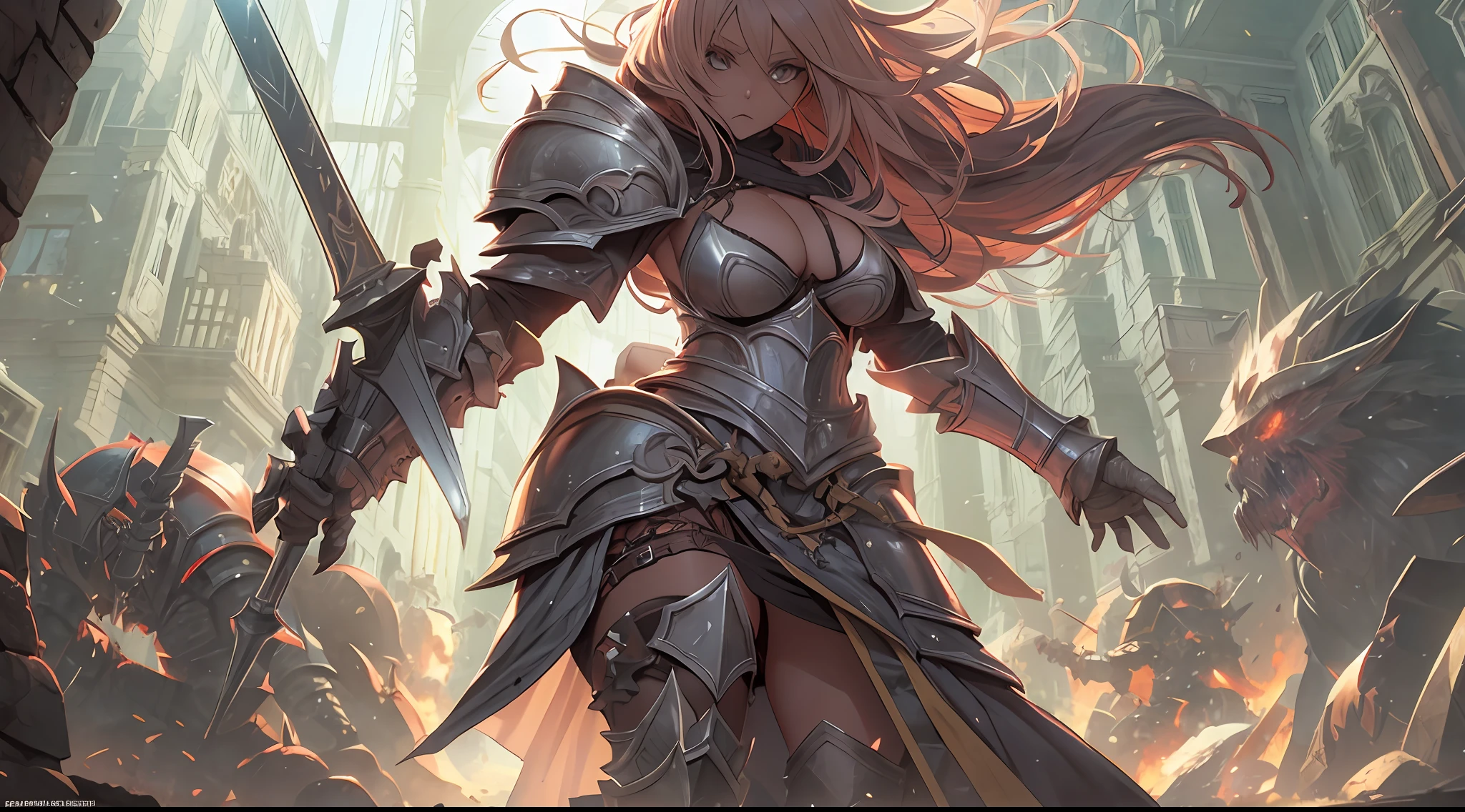 Insane, large breasts, armored female paladin, smiting enemy zombie, beautiful shadow and lighting effect