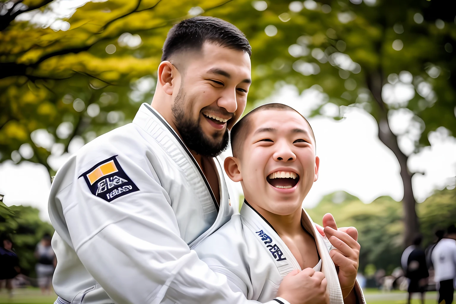 Thick strong mass judo athlete from East Asia, short beard, buzzcut, Stubble, Laughing, In a white judo costume, With his little son, At Sunday Park in Tokyo, A clear day