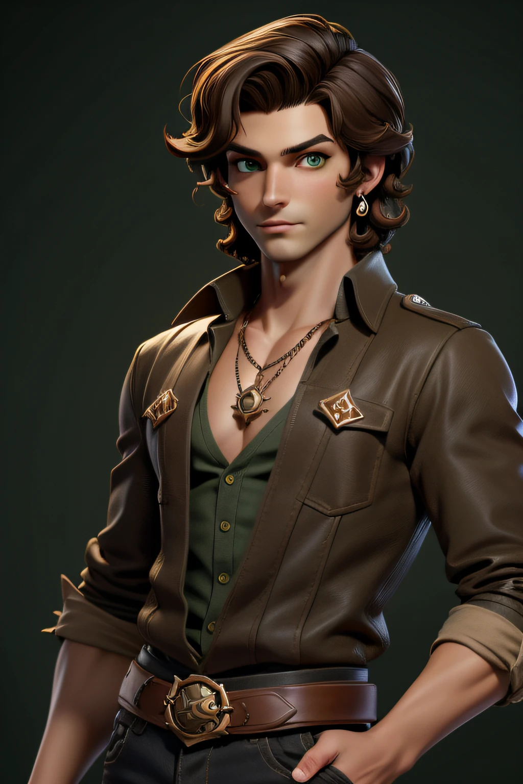 masterpiece, best quality, 1boy, green eyes, dark skin, brown hair, wavy hair, short hair, earrings, jewelry, pirate, long shirt, simple background, solo, upper body
