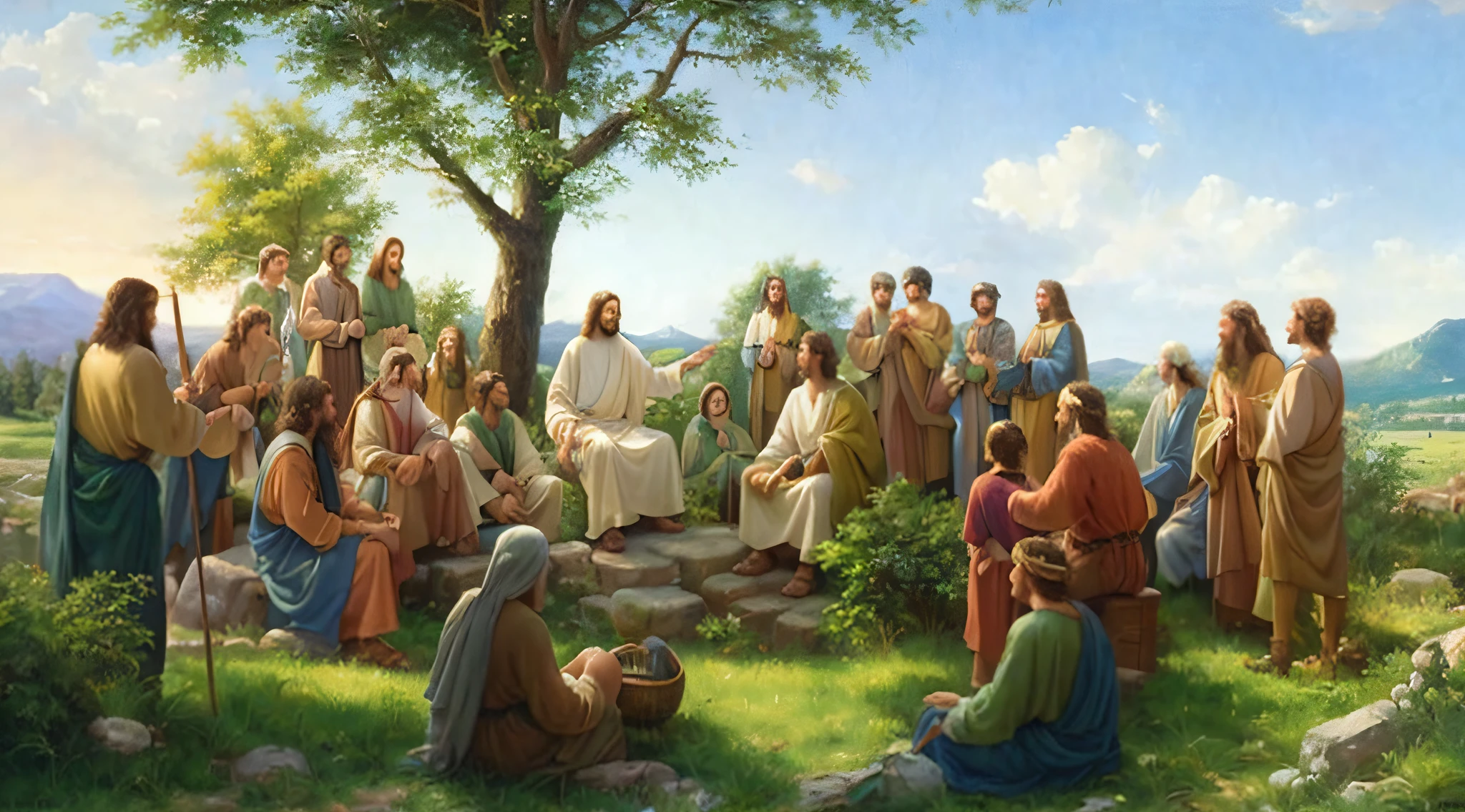 Uma pintura de Jesus e Seu povo sentado na grama, bible illustration, biblical painting, Jon McNaughton, beautiful depiction, biblical art style, inspirado em Scott Gustafson, beautiful image ever created, biblical image, pintura religiosa, in a scenic background, biblical art, O Senhor e Salvador, Directed by: Arthur Pan, Greg Olsen, Christian art, Directed by: Harrington Mann