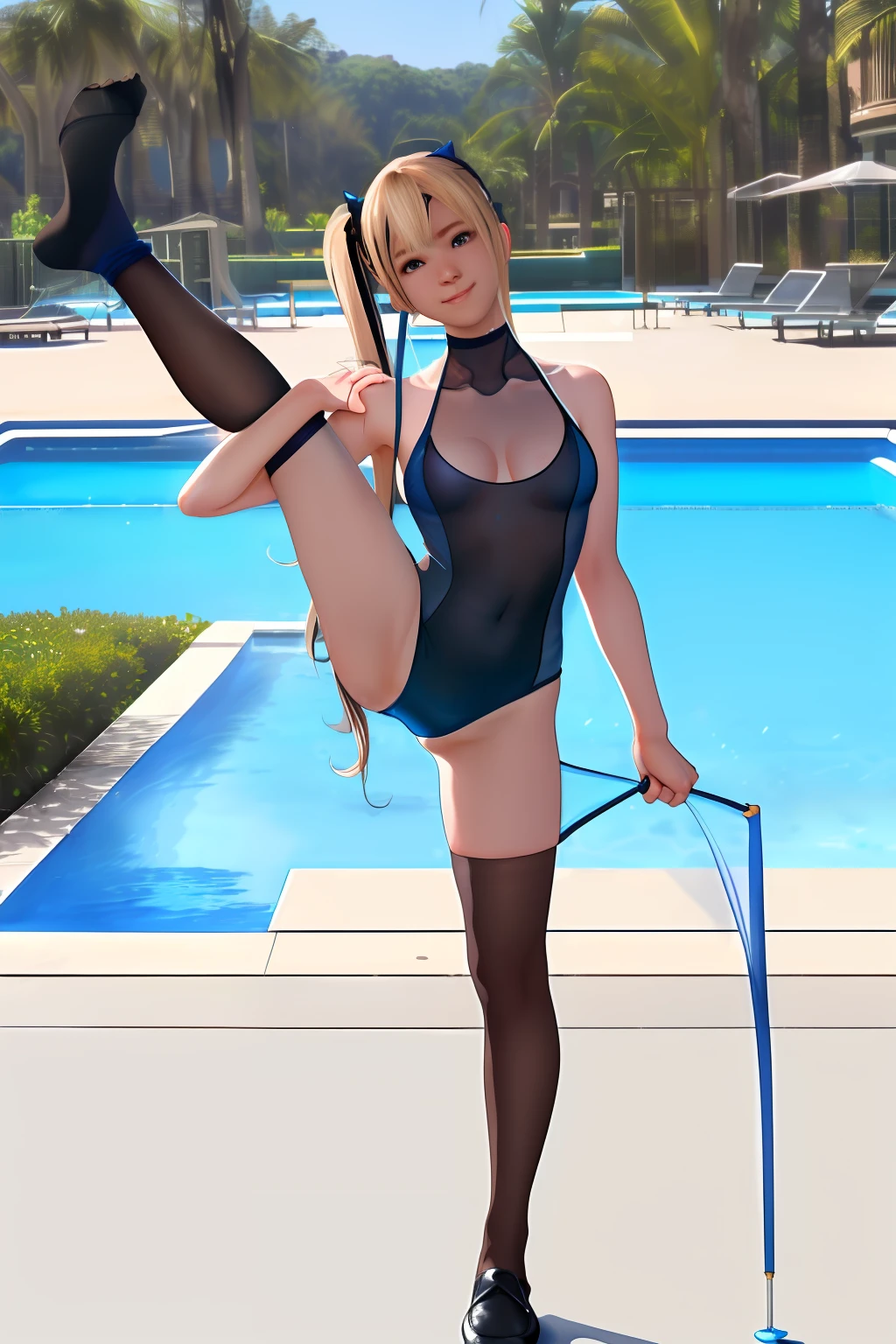 Top image quality、8K picture quality、hightquality、Detailed picture、nsfw、1girll、独奏、full body Esbian、Marie Rose、Twin-tailed、A smile、embarrassed from、red blush、、small plump breasts、small tits、(protrusion at the tip of the chest:1.6)、(Slender body))、(Nipple sheer:1.5)、((Shiny Blue Metallic))、((Sleeveless))、((See-through High Neck Competition Swimwear:1.3))、(highleg:1.3)、(((standing split:1.3)))、 (Crotchgrad:1.3)、((Black High Socks:1.3))、((Brown loafers:1.3))、in poolside、profetional lighting、Professional filming、Frontal shot