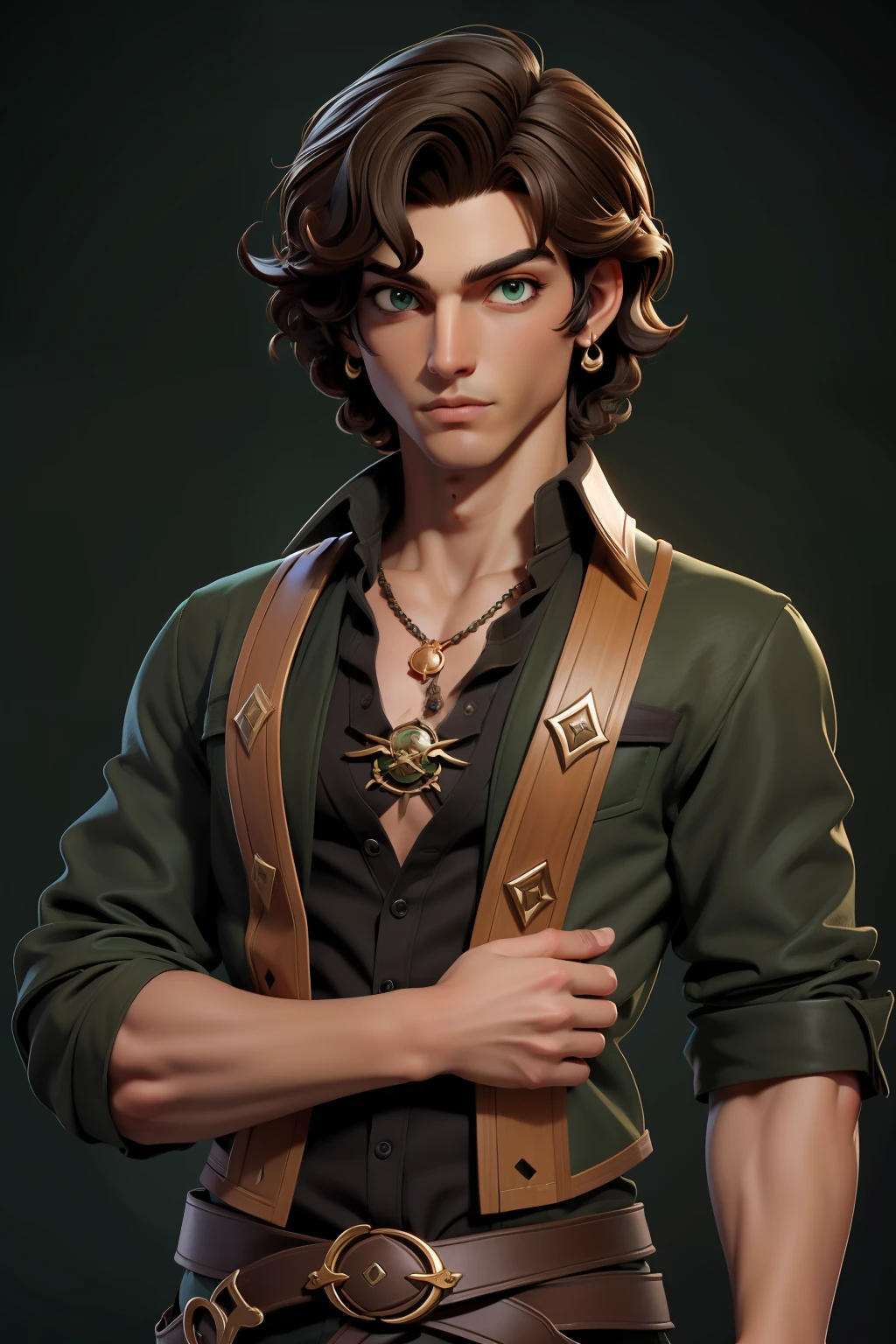 masterpiece, best quality, 1boy, green eyes, dark skin, brown hair, wavy hair, short hair, earrings, jewelry, pirate, long shirt, simple background, solo, upper body
