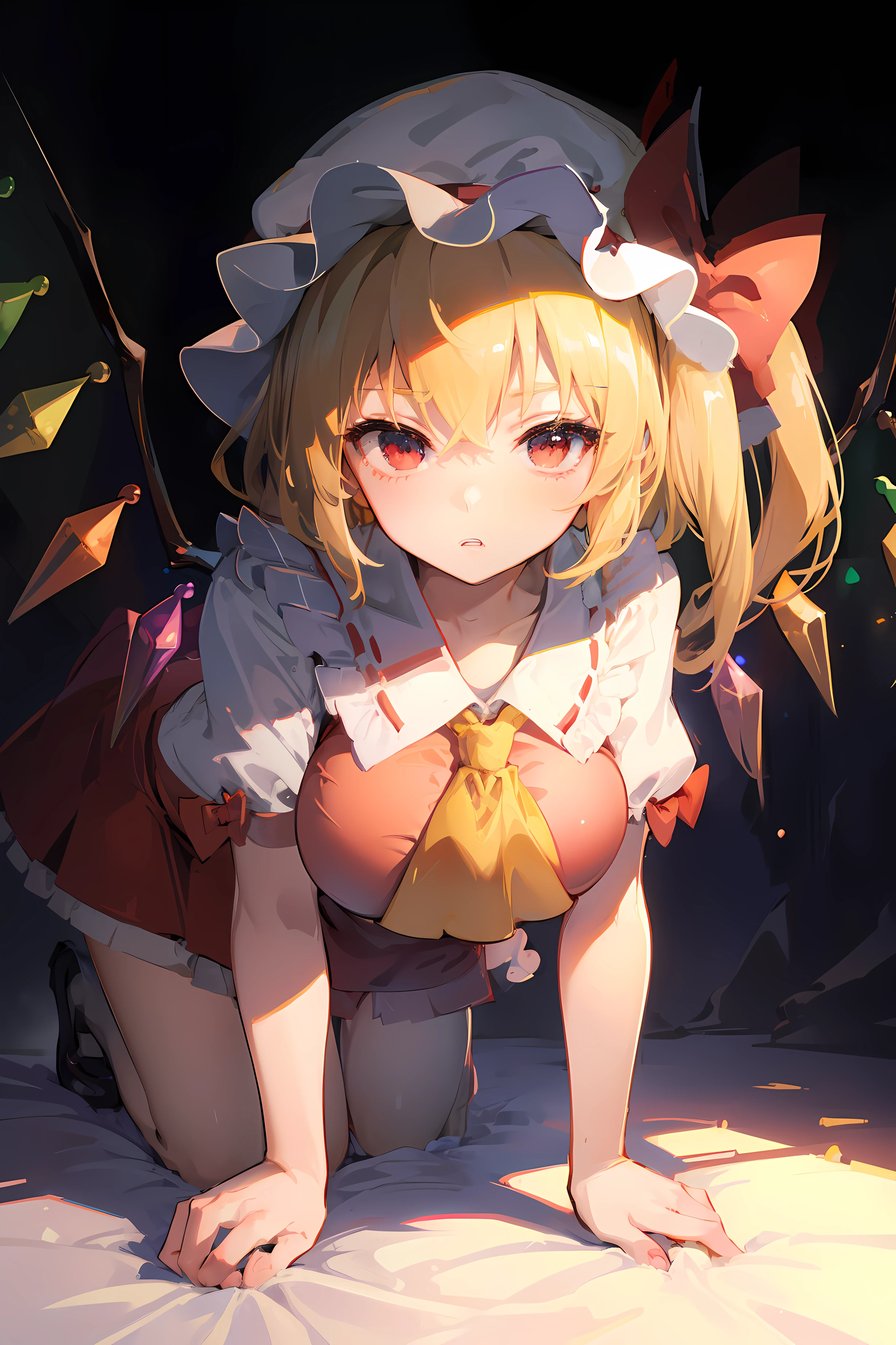 (masterpiece),best quality, expressive eyes, perfect face, 1girl,
big breast, H-cup, good breast, beautiful, gorgeous,anime,girl,lora,  flandre scarlet,
1girl,blonde hair,mob cap,hair bow,bowtie,side ponytail,wings,short sleeves,vest,ascot,on all fours