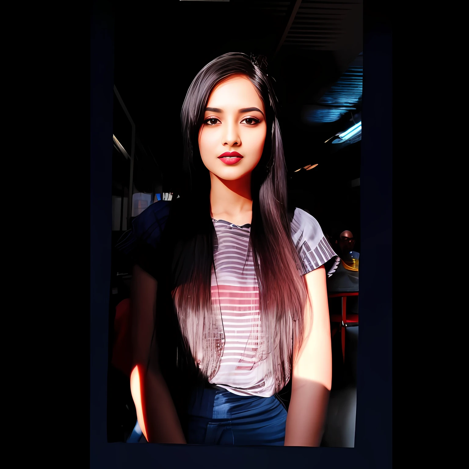 a woman with long black hair and a striped shirt, dark pink lips, Hourglass body shape, a picture by Rajesh Soni, pexels contest winner, samikshavad, #myportfolio, contest winner, sunrays shine upon it