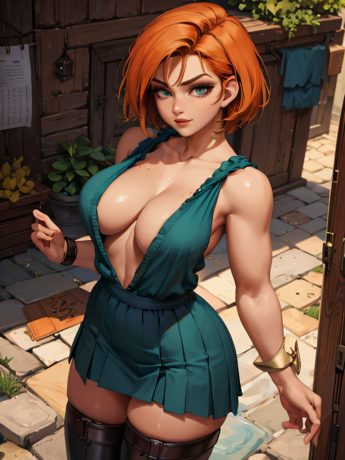 8k,master part, Qualidade BSET,Big, (1 girl), triss calêndula, verde_olho, orange hair, short hair, professional lighting, (pele brilhante: 1.2), grande brilhante, ((melhor qualidade)), foco nítido: 1.2, Textura altamente detalhada do rosto e da pele, Olhos detalhados, rosto perfeito, Corpo Perfeito, blur art, CG, Background Story, seios grandes, Presence (20 anos, rosto maduro, fresco e bonito), Usando ((saia azul), camisa branca, coxa), corar, (Mittgal), randome pose, Top view, olho perfeito, cara de raiva