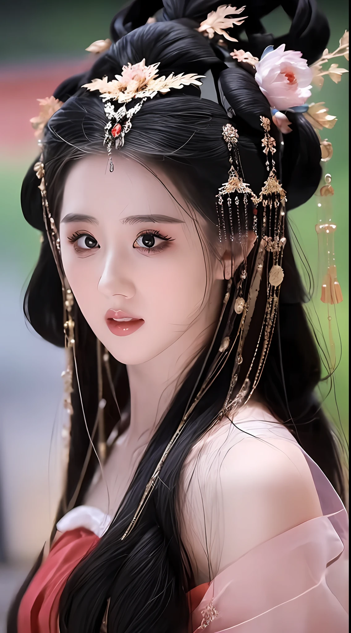 best quality, masterpiece, highres, 1girl, hanfu, lingerie china, hair ornament, necklace, jewelry, Beautiful face, upon_body, tyndall effect, photorealistic, dark studio, rim lighting, two tone lighting, (high detailed skin:1.2), 8k uhd, dslr, soft lighting, high quality, volumetric lighting, candid, Photograph, high resolution, 4k, 8k, Bokeh, (light pink lips), 1 beautiful devil woman from hell, In the Dark: 1.6), surreal female portrait by David Hockney and Alphonse Mucha, fantasy art, photorealism, dynamic lighting, artstation, volumetric lighting, very detailed faces, 8k ultra, Awarded, in the dark, deep shadow, low key, cowboy lens, (Red phoenix dress: 1.4), long hair, black hair, no facial hair, bust, luxurious palace, Royal style, devil crown, red eyes make up very sharp and detailed, The most beautiful face, The breasts are very big and round and round, Super realistic, chinese women's clothing, polo neck sweater, Charming smile, The eyes are very well made up, guweiz, devil style, wearing black mesh socks, Ponytail with a bow tied at the back of the hair, Red black lips, Devil tattoo on shoulder, wearing a thin red and black, robe, the landscape is overcast and thunderous, (Portrait), Close-up of the main character, (Background details 1.8),