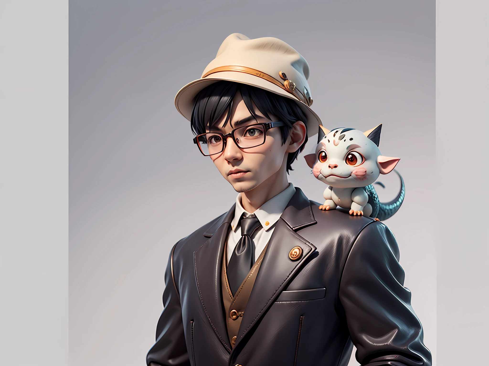 Young man with oriental face in leather hat, dragon, formal suit, short black hair, silver glasses, digital painting, 3D character design by Mark Clairedon and Pixar and Hayao Miyazaki and Akira Toriyama, the illustration is a high-definition illustration in 4K resolution with very detailed facial features and cartoon-style visuals.
