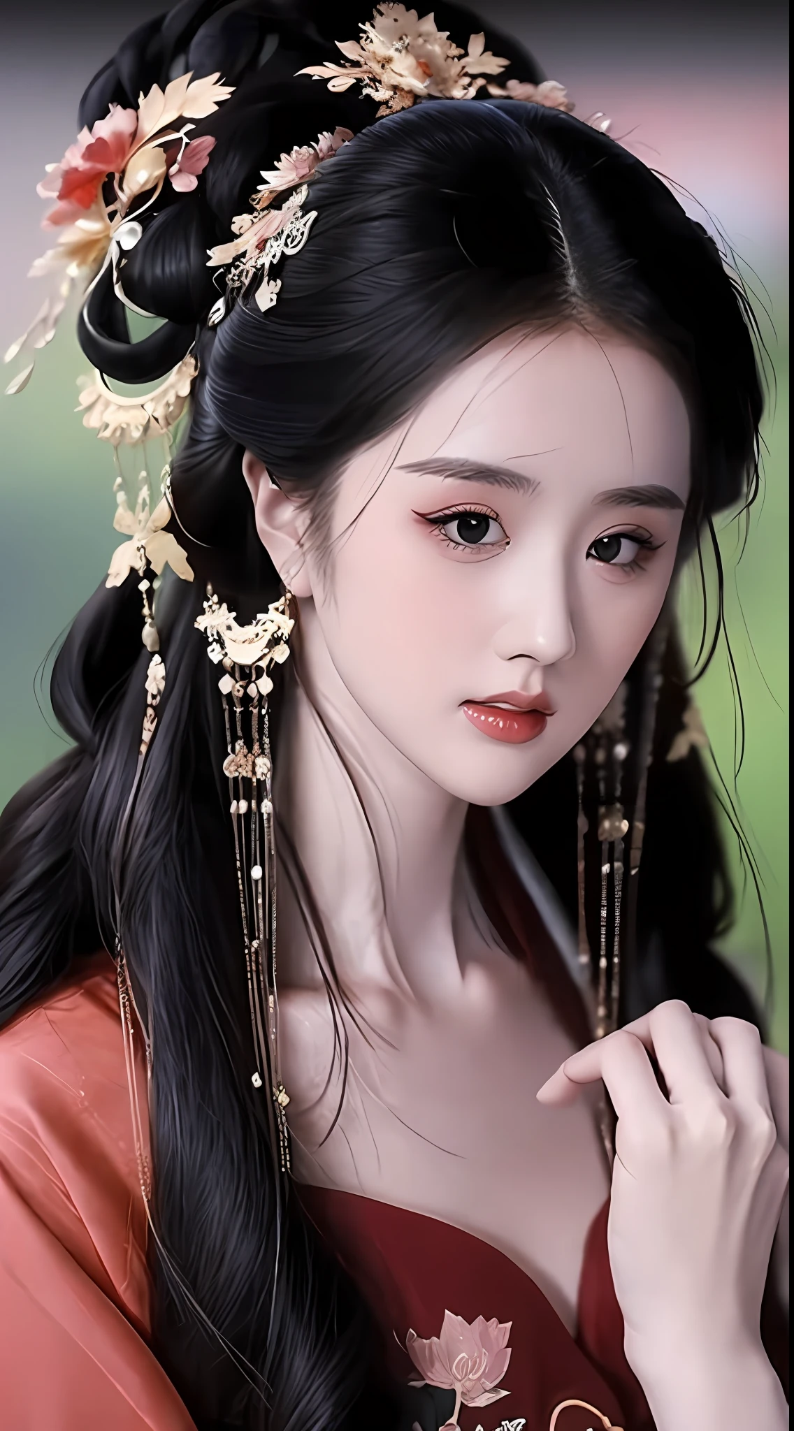 best quality, masterpiece, highres, 1girl, hanfu, lingerie china, hair ornament, necklace, jewelry, Beautiful face, upon_body, tyndall effect, photorealistic, dark studio, rim lighting, two tone lighting, (high detailed skin:1.2), 8k uhd, dslr, soft lighting, high quality, volumetric lighting, candid, Photograph, high resolution, 4k, 8k, Bokeh, (light pink lips), 1 beautiful devil woman from hell, In the Dark: 1.6), surreal female portrait by David Hockney and Alphonse Mucha, fantasy art, photorealism, dynamic lighting, artstation, volumetric lighting, very detailed faces, 8k ultra, Awarded, in the dark, deep shadow, low key, cowboy lens, (Red phoenix dress: 1.4), long hair, black hair, no facial hair, bust, luxurious palace, Royal style, devil crown, red eyes make up very sharp and detailed, The most beautiful face, The breasts are very big and round and round, Super realistic, chinese women's clothing, polo neck sweater, Charming smile, The eyes are very well made up, guweiz, devil style, wearing black mesh socks, Ponytail with a bow tied at the back of the hair, Red black lips, Devil tattoo on shoulder, wearing a thin red and black, robe, the landscape is overcast and thunderous, (Portrait), Close-up of the main character, (Background details 1.8),