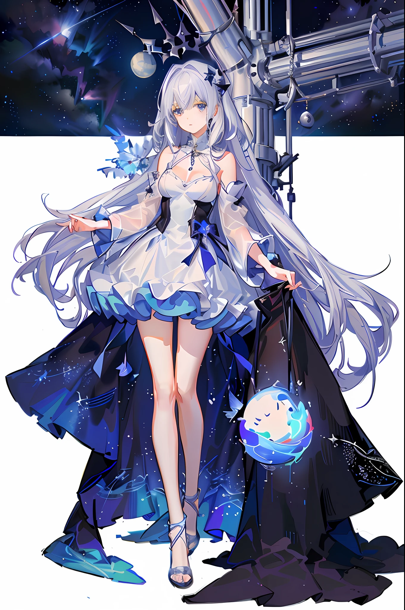 anime - style image of a woman in a dress with a sword, lunar themed attire, cute anime waifu in a nice dress, White-haired god, astral witch clothes, From Arknights, Beautiful celestial mage, White dress!! of silver hair, from girls frontline, trending on artstation pixiv, azur lane style, A scene from the《azur lane》videogame,high-definition picture quality,Cosmic background map