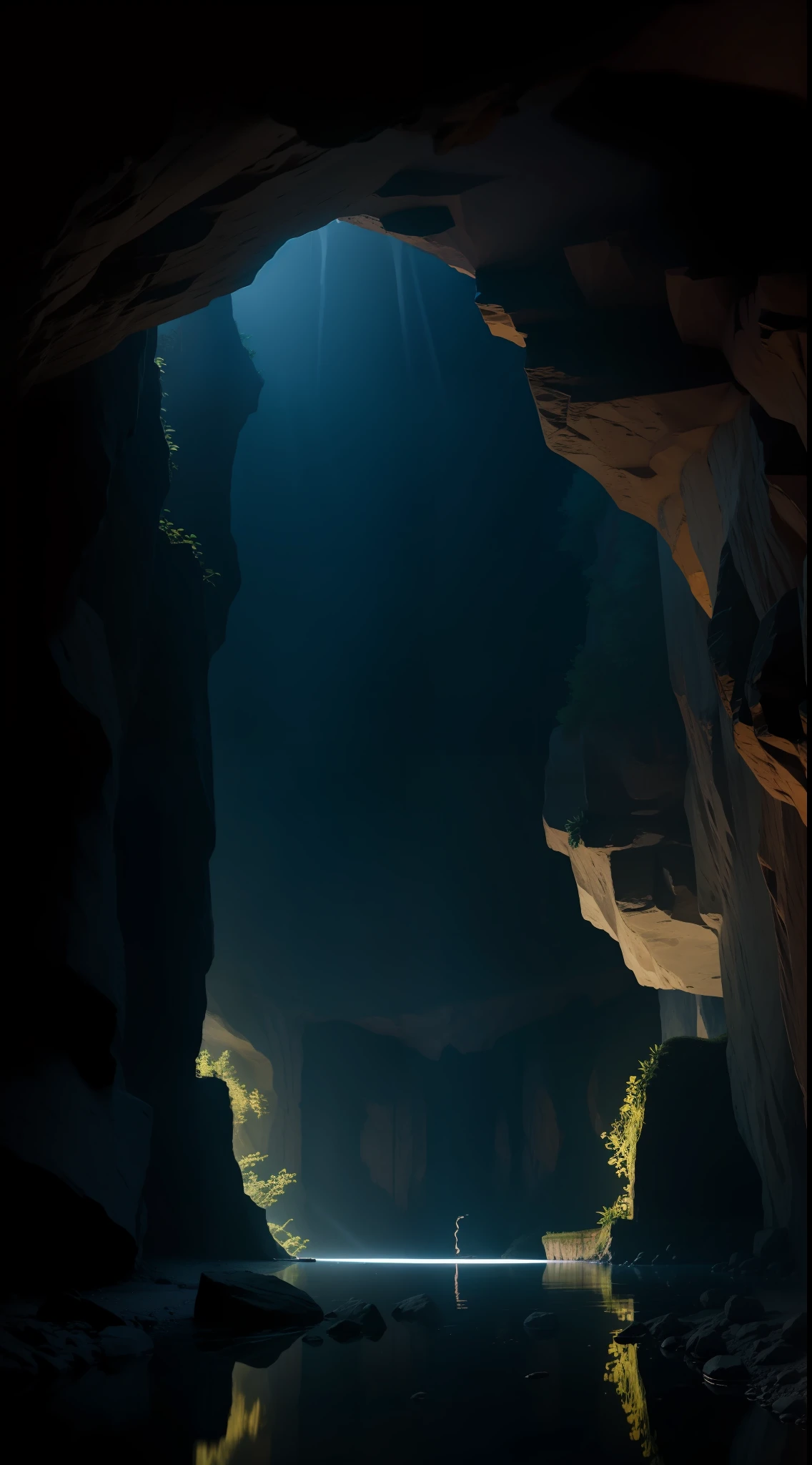 underground cave, a dim magic light, lake