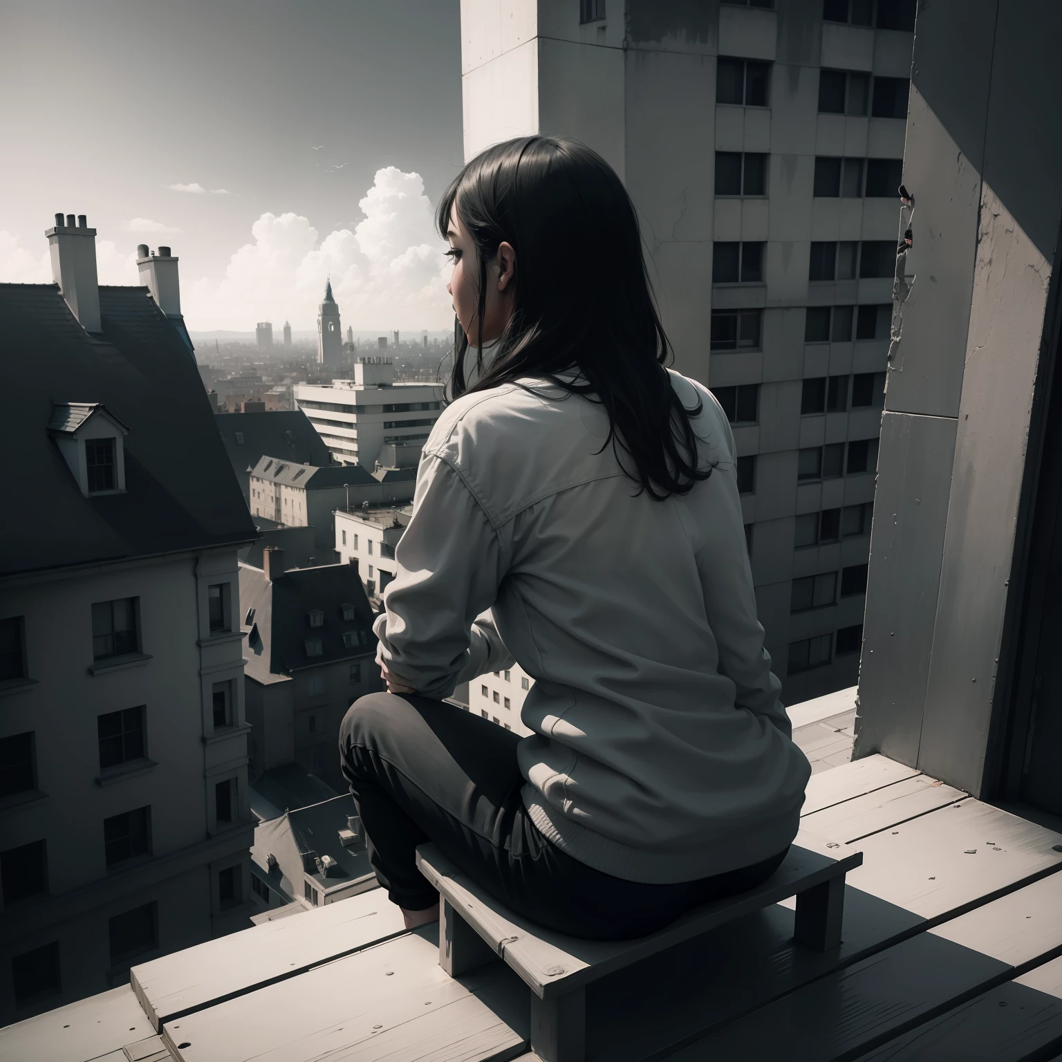 Person sitting with its back on top of a building, black and white painting