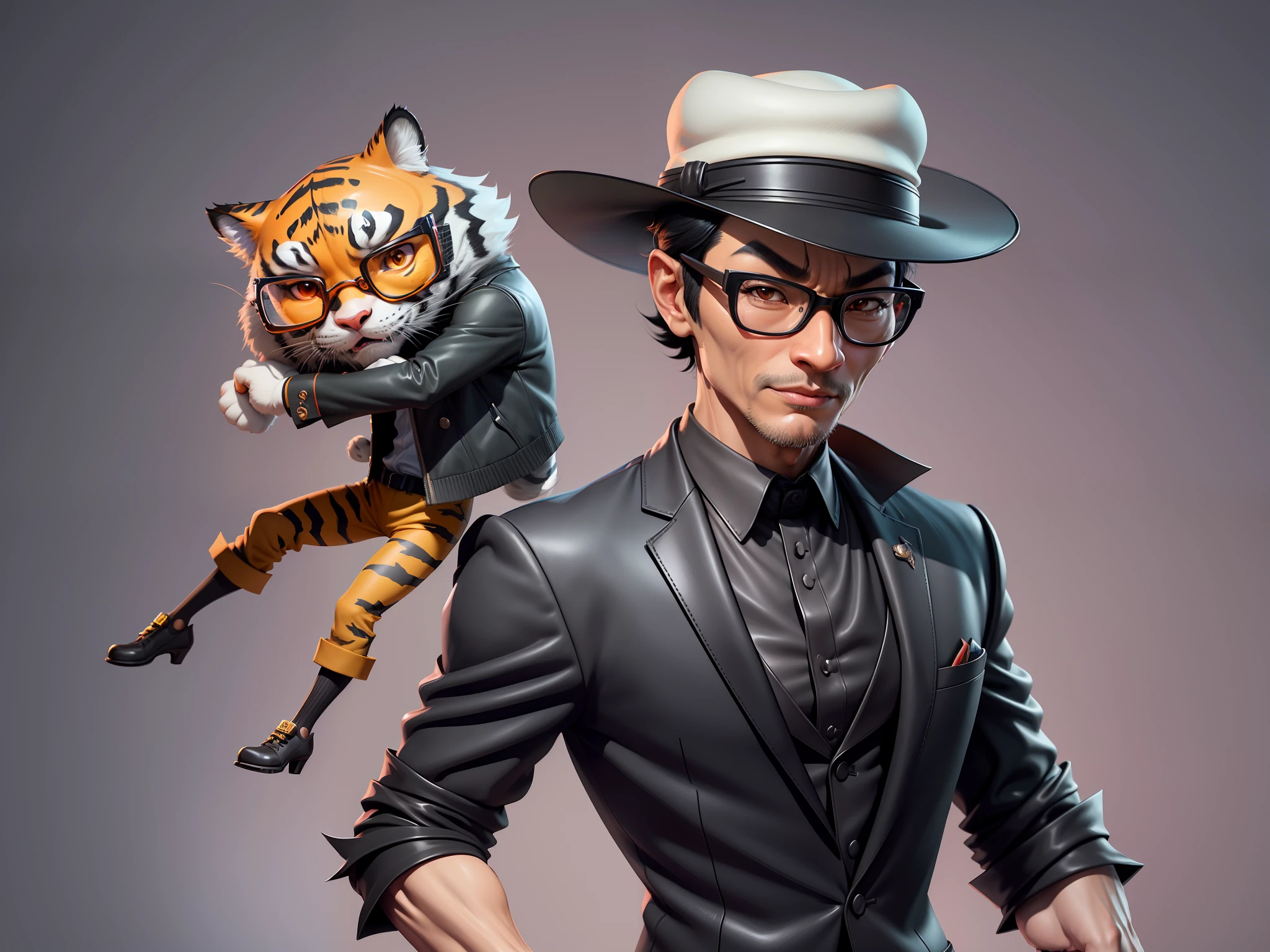 Young man with oriental face in leather hat, tiger, oriental face in formal suit, short black hair, silver glasses, digital painting, 3D character design by Mark Clairedon and Pixar and Hayao Miyazaki and Akira Toriyama, the illustration is a high-definition illustration in 4K resolution with very detailed facial features and cartoon-style visuals.
