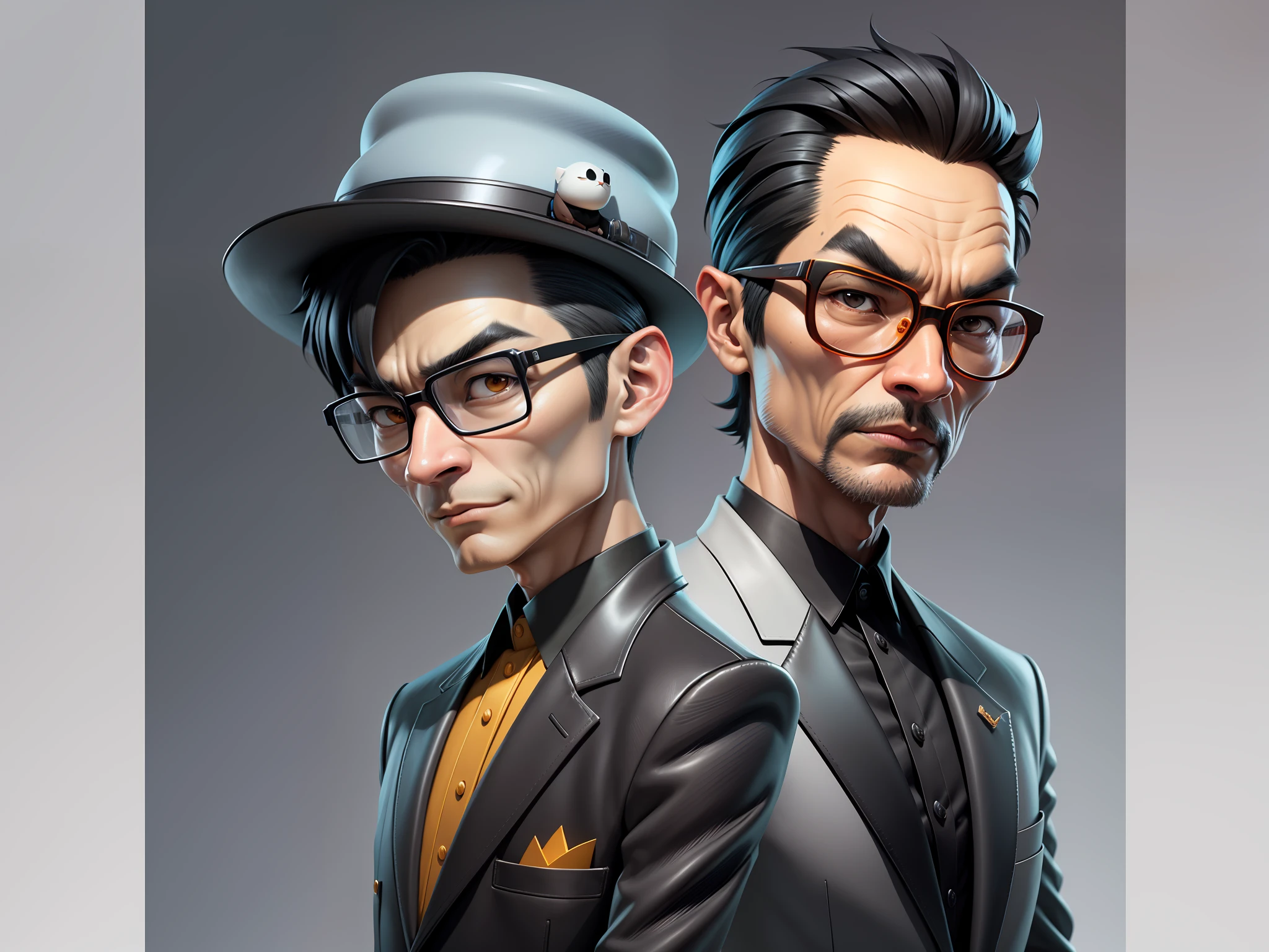 Young man with oriental face in leather hat, tiger, oriental face in formal suit, short black hair, silver glasses, digital painting, 3D character design by Mark Clairedon and Pixar and Hayao Miyazaki and Akira Toriyama, the illustration is a high-definition illustration in 4K resolution with very detailed facial features and cartoon-style visuals.